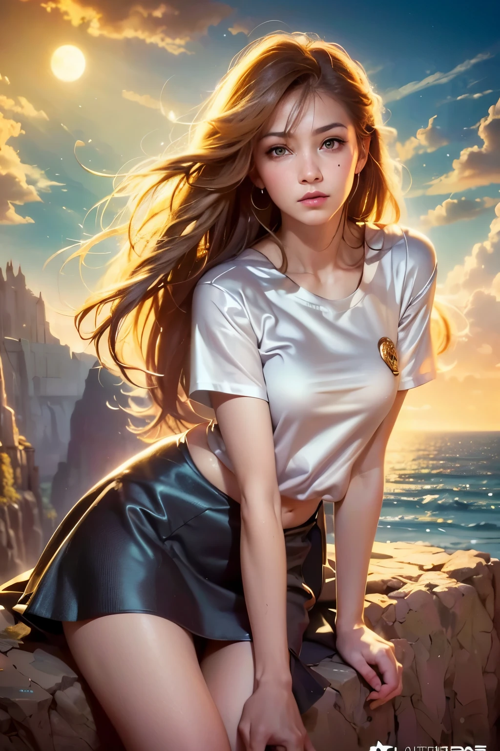 8k poster, whole body, Golden Flower, (((Beautiful girl sitting on the edge of a cliff and looking at the distant horizon))), Long hair blown by the wind, Woman body front view, Bronze Hair Metallic, Red clouds sunset, Night Light, Lake and distant mountains々Depth of the valley seen from above, Abstract Oil Painting, A girl who is concentrating well on the scene, Surreal art, Fantasy, Abstract painting of a woman in a mountain landscape, 8k poster, whole body, Gold and silver flowers, Evening Light, (((Huge full moon next to the sun, ))), (((Musical symbols in the clouds))), High resolution 8K poster, Gold and silver butterfly, ((Short dress, Tank top)), ((Transparent T-shirt)), ((mini skirt)),(Photorealistic:1.4, Tabletop:1..3, 8k), highest quality, masterpiece, 超A high resolution, Perfect dynamic composition, Professional camera work, Grow light effects, Mysterious portrait, Cinematic Light, Highly detailed skin and facial textures:1.3,