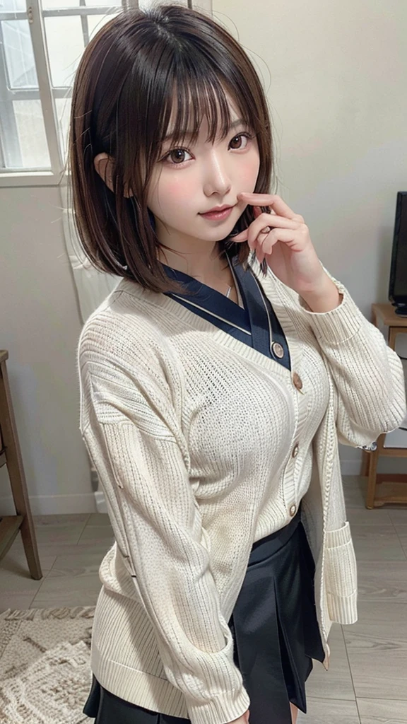 Close-up of a woman wearing a skirt and sweater taking a photo, Chiho, Good young girl, Ulzzang, 8k)), reluvy5213, Short hair, 19-year-old girl, sakimichan, H Style, kimono, Beautiful images, cardigan, 🍂 cute, shikamimi