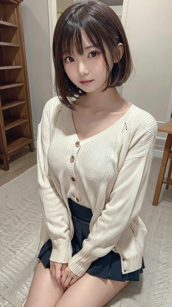 Close-up of a woman wearing a skirt and sweater taking a photo, Chiho, Good young girl, Ulzzang, 8k)), reluvy5213, Short hair, 19-year-old girl, sakimichan, H Style, kimono, Beautiful images, cardigan, 🍂 cute, shikamimi