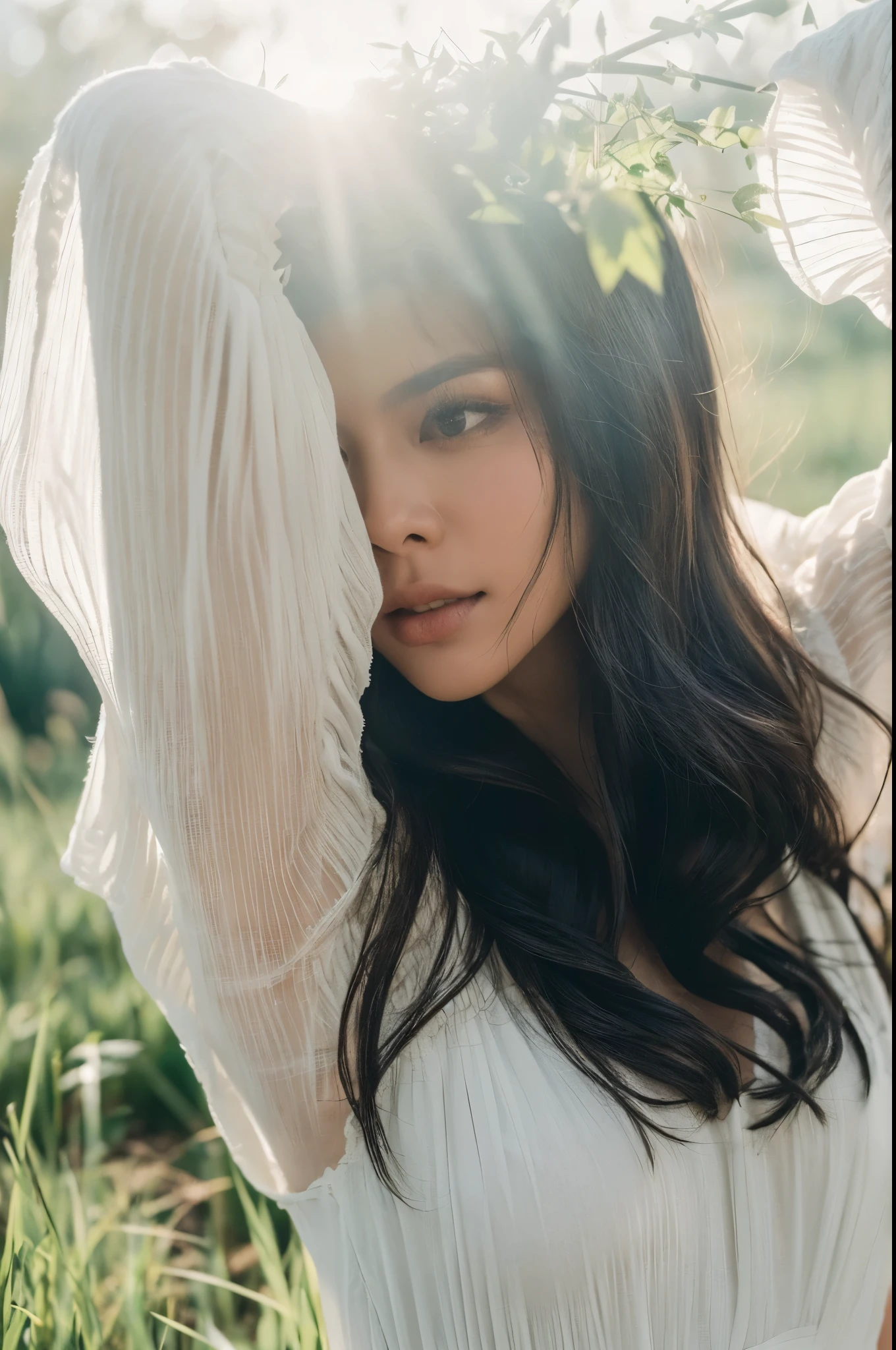  (((A close-up portrait))) of a woman with long, black, wavy hair wearing ((a stunning white dress)). She stands with her arms raised above her head, with ((the warm sun at her back)), as she poses beautifully in a field of ((lush green grass)). The vintage film effect adds an extra layer of depth to the overall atmosphere. ((Photography, portrait, woman, black hair, long hair, white dress, sun, field, grass, vintage, film, atmosphere))