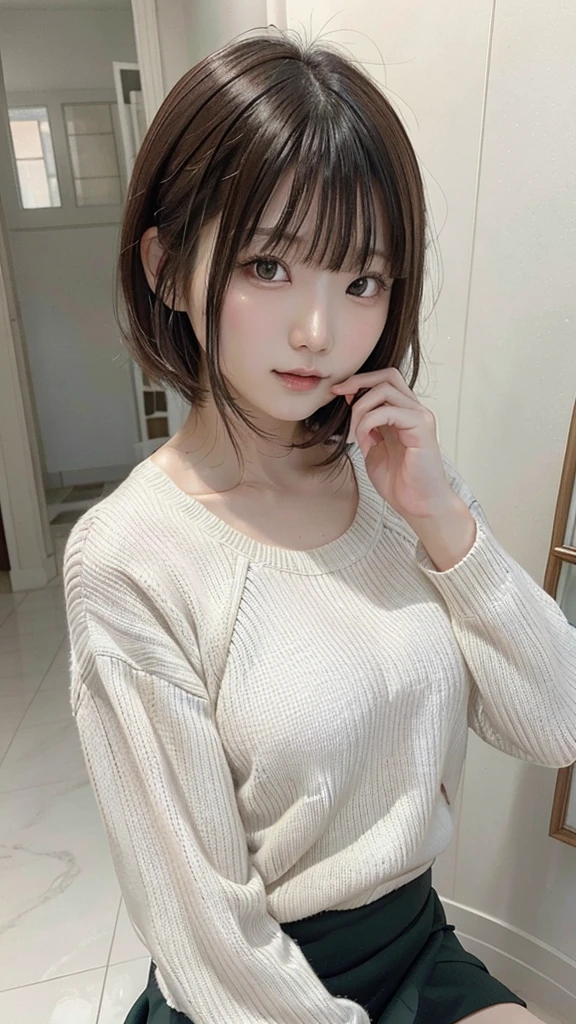 Close-up of a woman wearing a skirt and sweater taking a photo, Painting by Noami, Instagram, shin hanga, Chiho, Good young girl, Ulzzang, 8k)), reluvy5213, Short hair, 19-year-old girl, sakimichan, kimono, H Style