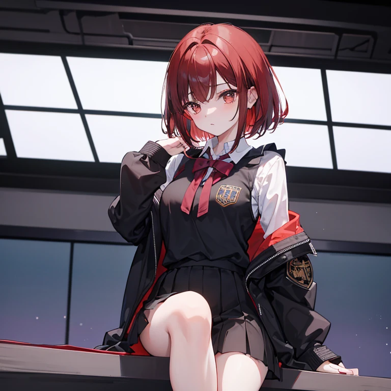 Colegiala de uniforme negro, con mucho delineador en los ojos, brown eyes, short shoulder length dyed red hair, tiene un semblante enojado, is in a debate room, she is a debater and is giving a monologue.