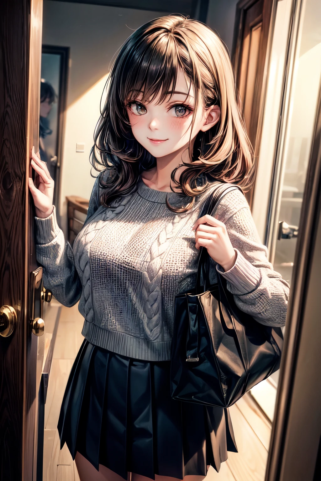 very cute and beautiful girl,(highly detailed beautiful face),
(smile),happy,embarrassed,looking at viewer,
mossgreen sweater,cowboy shot,(pleated black mini skirt),
standing in house door,town view,holding tote bag,black hair,
(best quality,masterpiece),absurdres,highres,ultra-detailed,extremely detailed,32k,8k resolution,
intricate details,cinematic scene,detailed background,solo,dynamic angle,