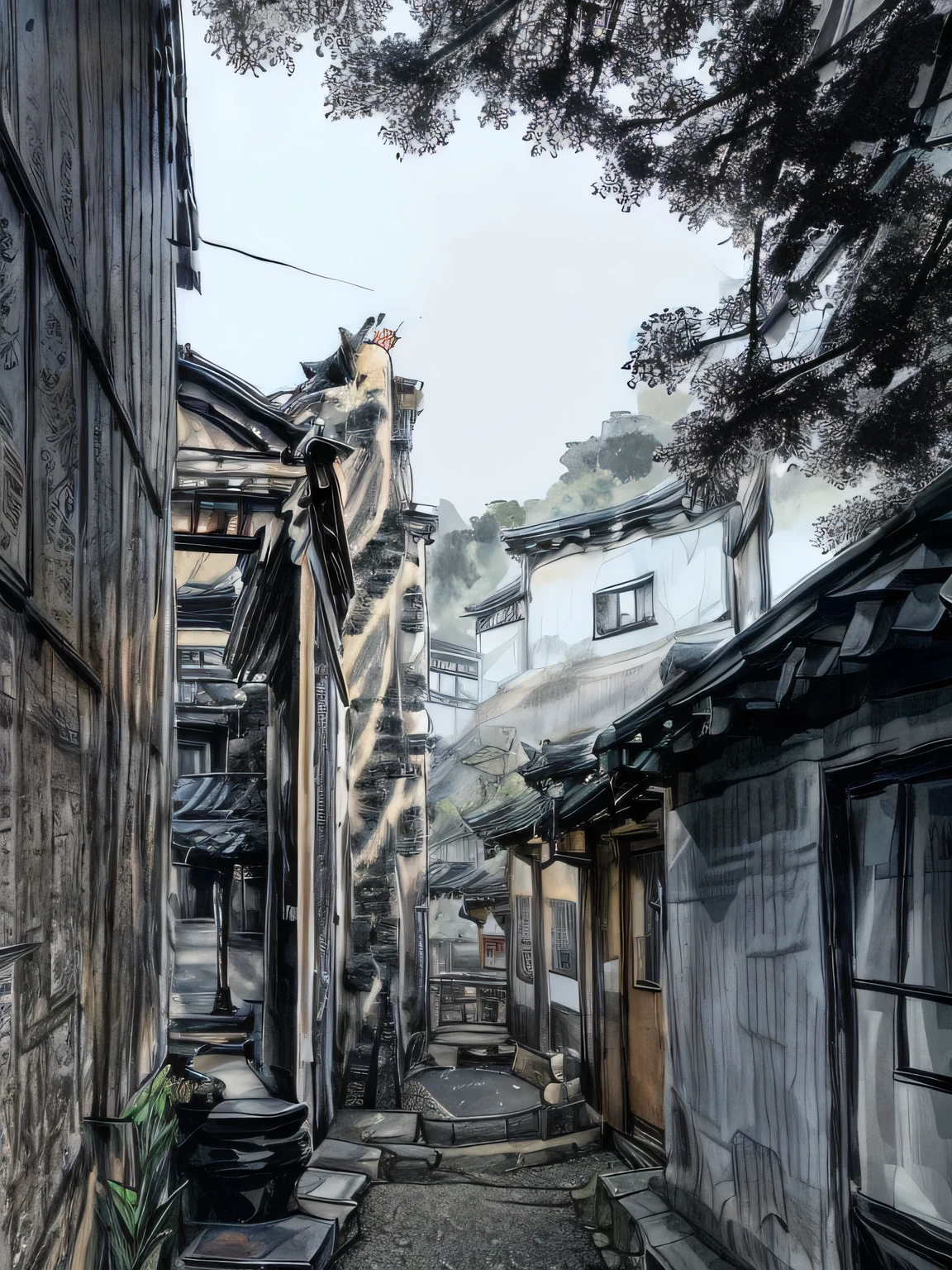 Hui-style architecture,Ink,Hayao Miyazaki style,Combined with cat form,Commercialization of scenic spots