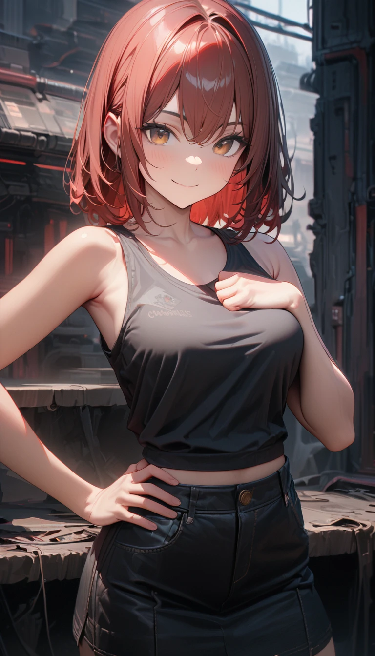 (best quarity,ultra detailed,ultra-high-resolution, absolutely resolution,8k, masterpiece),Girl, chest arched, one hand on hip, one hand fist on chest, satisfied smile, red hair, brown eyes, tank top, skirt, front view,