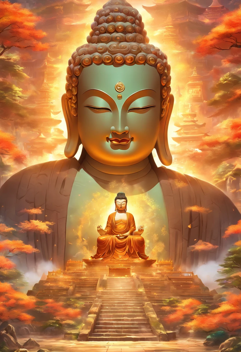 Giant stone Buddha,There are steps leading up to it, a Buddhist Buddha, buddhism, digital painting of a pagoda, Buddha, budista, a temple background, background artwork, inspired by Kaigetsudō Anchi, Bodhisattvas, beautiful render of tang dynasty, 4K highly detailed digital art, asian hyperdetailed
