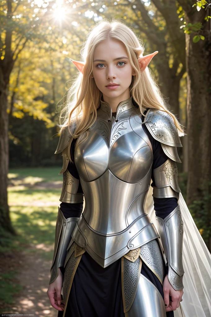 Masterpiece, a beautiful female elf knight  bright eyes, blonde hair, broad shoulders, strong body, best quality, (best detailed: 1.3), full body, ultra wide shot, high detail pale skin with light freckles, high detail filigree elf armor, outside, (skin texture:1.1), best quality, ultra high res, Raw photo, Nikon D850, backlight, rimlight, bright sunlight, film grain:1.2, (warm hue, warm tone:1.2), (color photo), fantasy castle background