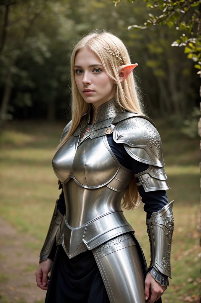 Masterpiece, a beautiful female elf knight  bright eyes, blonde hair, broad shoulders, strong body, best quality, (best detailed: 1.3), full body, ultra wide shot, high detail pale skin with light freckles, high detail filigree elf armor, outside, (skin texture:1.1), best quality, ultra high res, Raw photo, Nikon D850, backlight, rimlight, bright sunlight, film grain:1.2, (warm hue, warm tone:1.2), (color photo), fantasy castle background