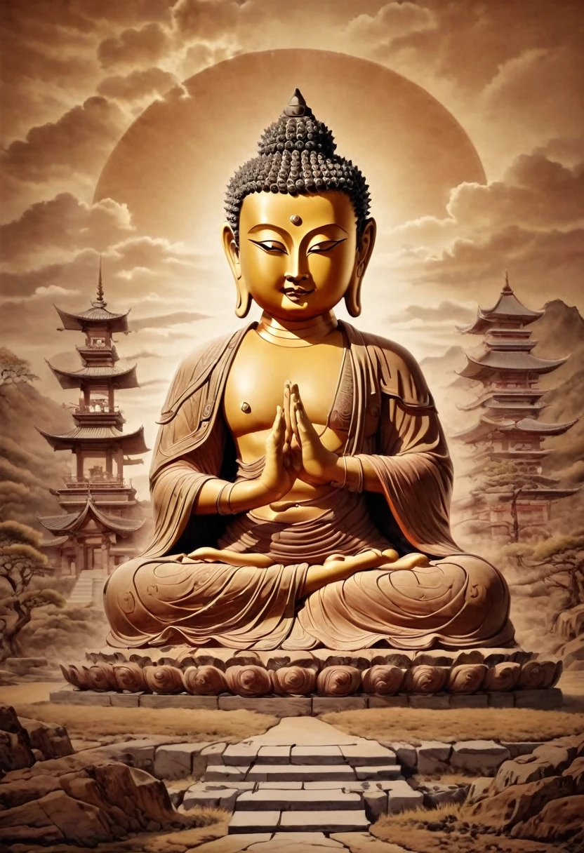 Giant stone Buddha，There are steps leading up to it, a Buddhist Buddha, buddhism, digital painting of a pagoda, Buddha, budista, a temple background, background artwork, inspired by Kaigetsudō Anchi, Bodhisattvas, beautiful render of tang dynasty, 4K highly detailed digital art, asian hyperdetailed