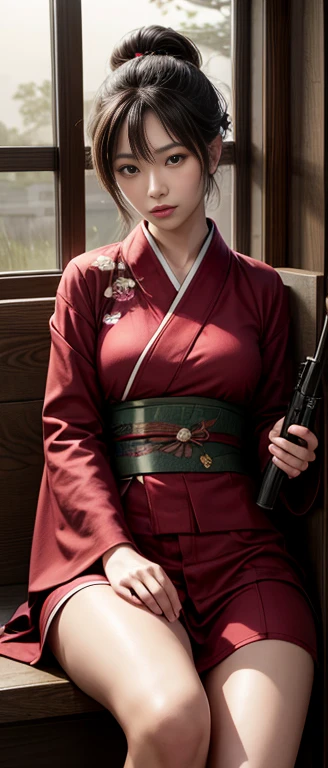 8k, Realistic photos, Realistic skin texture, beautiful japanese soldier, Weapon Depot, Sitting on a simple chair,Maintain automatic rifles, maintain, The automatic rifle does not have a magazine installed.Automatic rifle parts on table、Beautiful kimono, Tattoo, Fit body