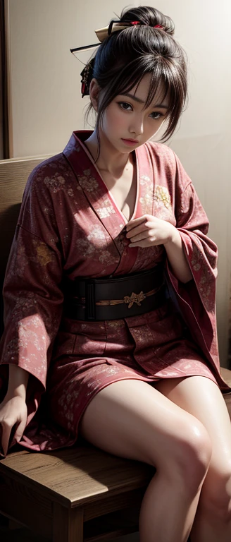 8k, Realistic photos, Realistic skin texture, beautiful japanese soldier, Weapon Depot, Sitting on a simple chair,Maintain automatic rifles, maintain, The automatic rifle does not have a magazine installed.Automatic rifle parts on table、Beautiful kimono, Tattoo, Fit body