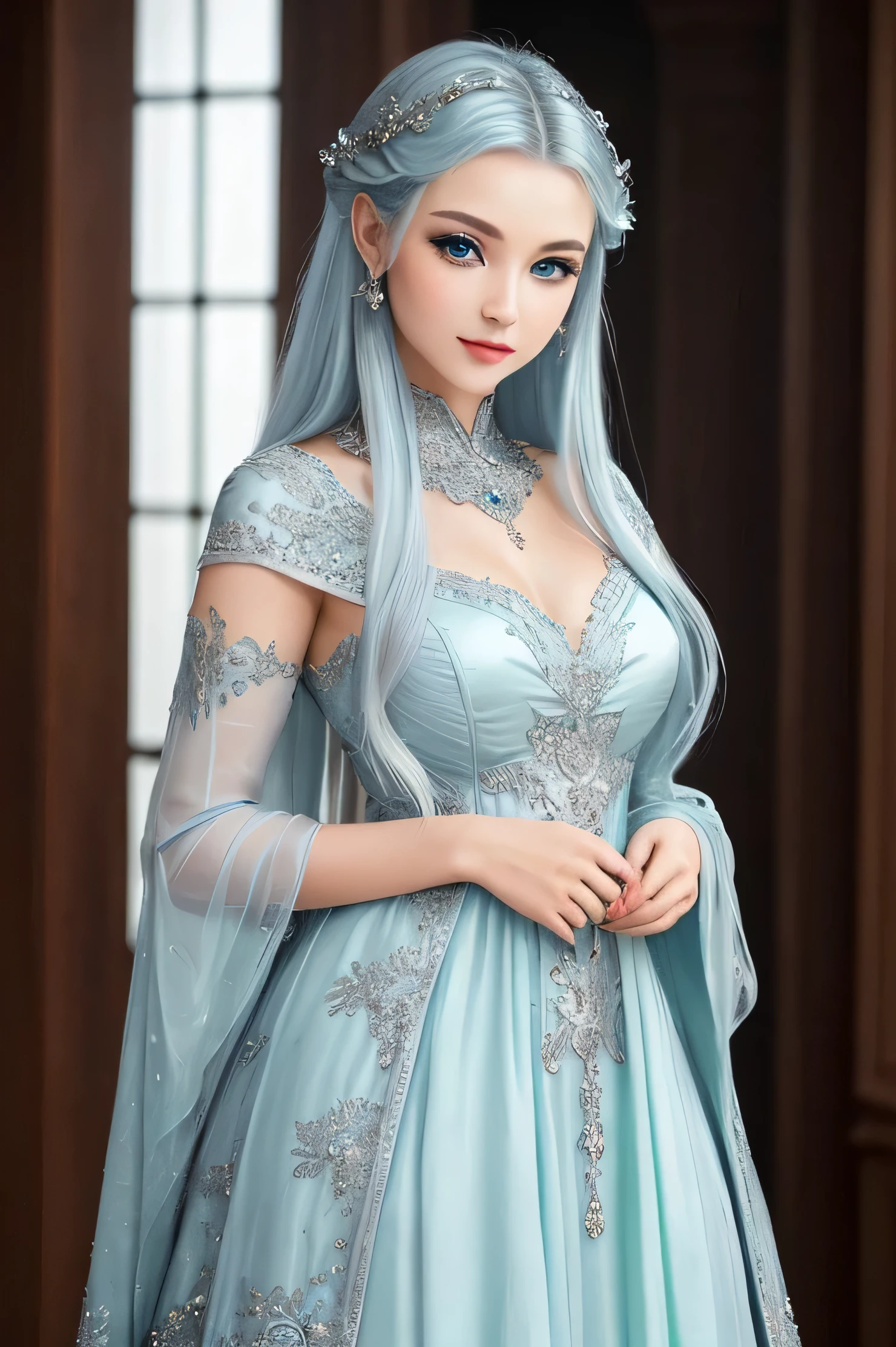 A beautiful and charming lady with a silver mint colour hair, baby blue eyes, dress like a fantasy style 