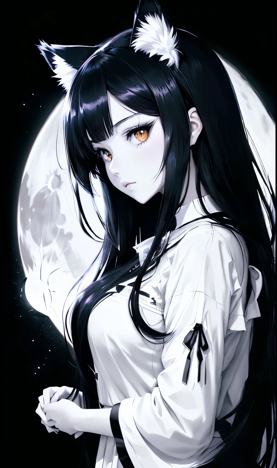 anime girl with long black hair and cat ears in front of a full moon, black and white manga style, (anime girl), black and white manga, monochrome artwork!!, ilya kuvshinov with long hair, profile of anime girl, anime best girl, albedo from the anime overlord, black and white color only, beautiful anime girl, wallpaper!