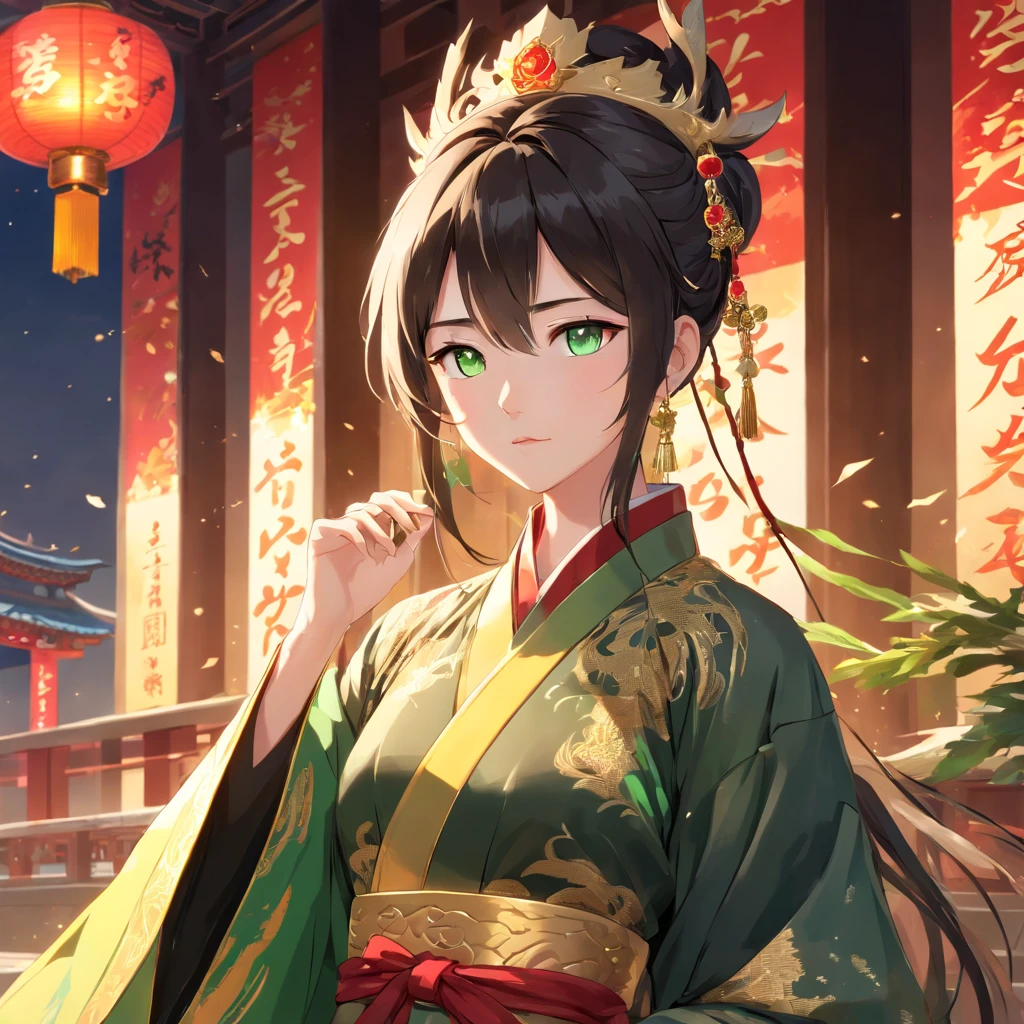 ((highest quality,8K，Uncertain resolution，16k, masterpiece: 1.3))古代Hanfu，wide sleeve robe，Young people，male，Prince of Persia，gem，bright，Long white hair，Black Hair，Cold white skin，Emerald Eyes，gold-tone waist chain，Bracelet，Graceful posture，son of confucianism，noble，bracelet，gyuru，Dynamic Pose，Dramatic composition，Extremely detailed，High Sharpness，Emperor, Emperor of China, Tassel crown, Long sleeve, Portraiture, alone, Chinese dragon pattern, Young people, chinese style clothing, Magnificent palace, Hanfu, Hanfu in black and gold color, Detailed anatomy，8k Ultra HD, HDR，Unique Design，One and only，A magnificent composition，One Scene，Anime Style，Studio Lighting，Ultra Wide Angle，Original elements，Full body description，Dynamic Angles，Symbolism，Dynamic Lighting，Professional Color Grading，Creative，Extreme detail，Glow effect