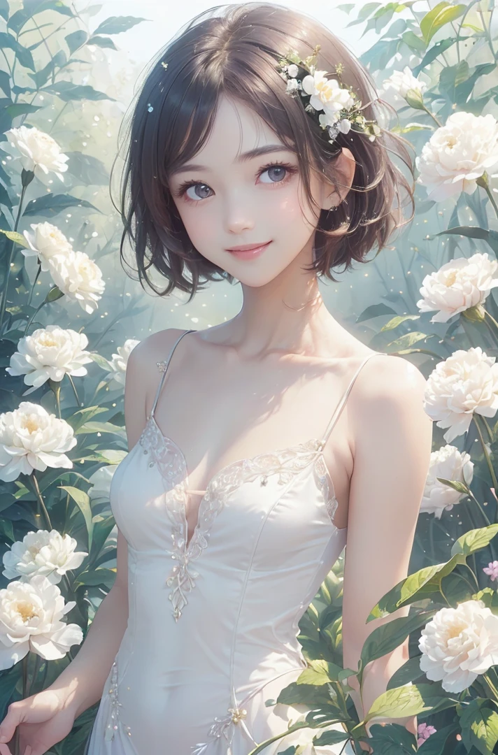 (masterpiece、highest quality、highest quality、Beautiful and beautiful:1.2)、(Good anatomy:1.5)、Painting of a girl with milky white hair、White Fairy Costume、Adorable smile、looking at the camera、Flowers and leaves、carnation