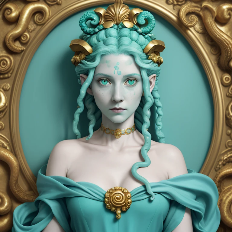 portrait of a pale mythical octopus Medusa, her have aqua-colored octopus tentacles in head, she does not have strands of hair, but rather octopus tentacles on her head, beautiful aqua eyes, with a laurel wreath, gold choker, on a Roman outfit, look at the viewer