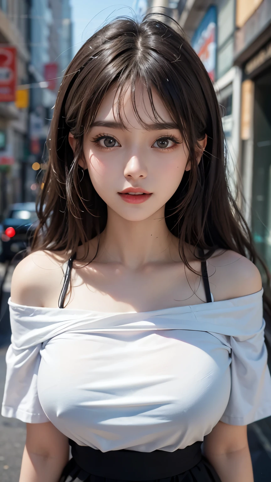 ((highest quality, 8k, Best image quality, Ultra-high resolution)), beauty, 18-year-old, alone, ((big: 1.6)), Nipples, Baby Face, Round face, A kind smile, White teeth, Ultra-high definition and beautiful skin, Fair skin, Silver Hair, Shortcuts, blue sky, Very detailed and beautiful face, Off-the-shoulder T-shirt、Tulle miniskirt,(head shot:1.5)