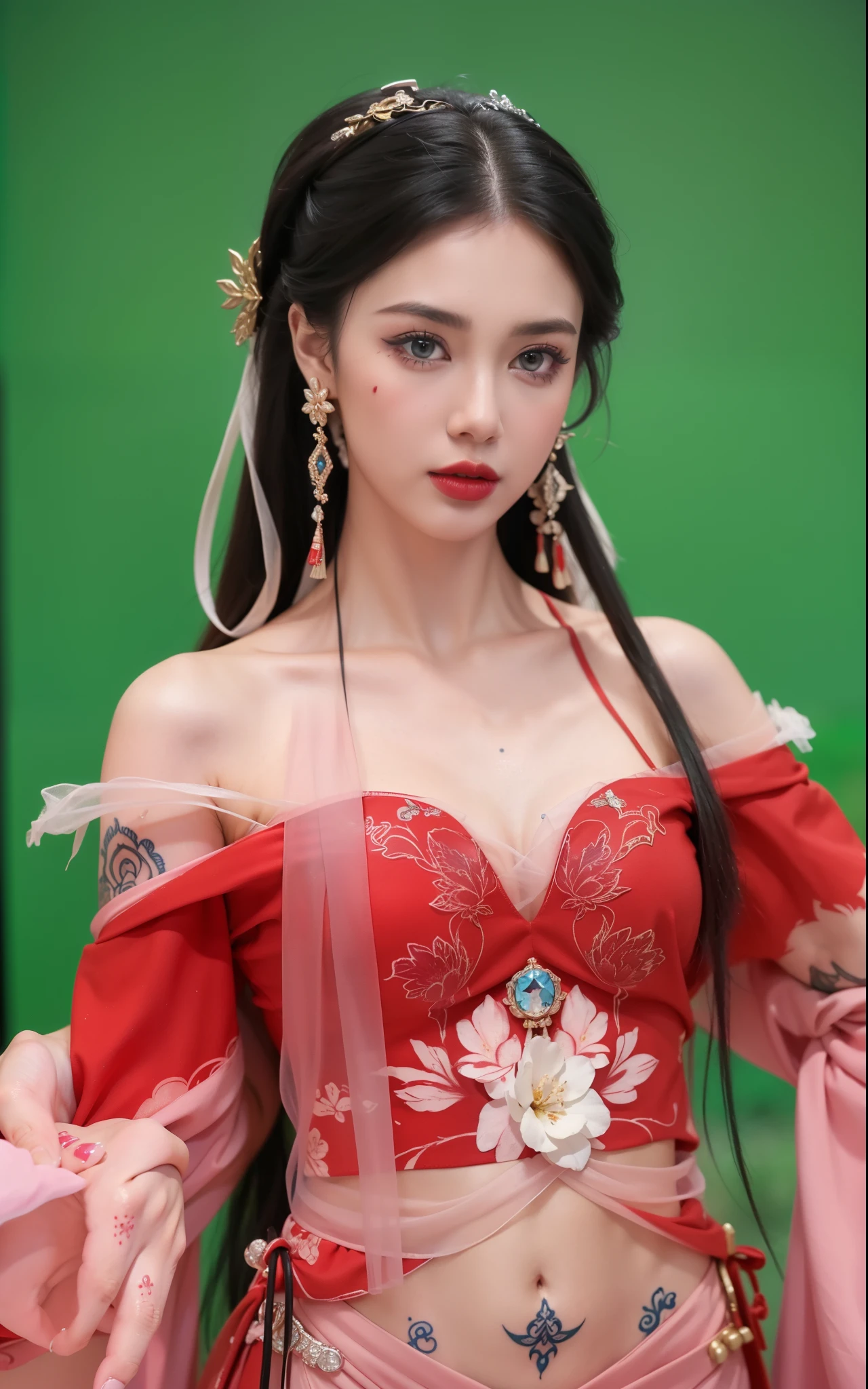 Royal princess，Super detailed, Delicate face, Film stock photography , Portrait 400, F1 Camera Lens.6, rich and colorful, Surreal, Realistic textures, Dramatic Lighting, Thin Film Distiller 800 (8k, original photo, better quality, masterpiece: 1.2), Super detailed, (Extremely delicate skin: 1.2), 8k ultra high definition, SLR camera, Soft Light, high quality，Blue pupils，Apply red lipstick，Have a tattoo，The tattoo is very three-dimensional，Gorgeous and Intricate Tattoo Designs，8k Photo，Large Breasts，Dark eyeshadow，身上Have a tattoo图案，Tattoos have a three-dimensional feel，The tattoo is very delicate，A belly button