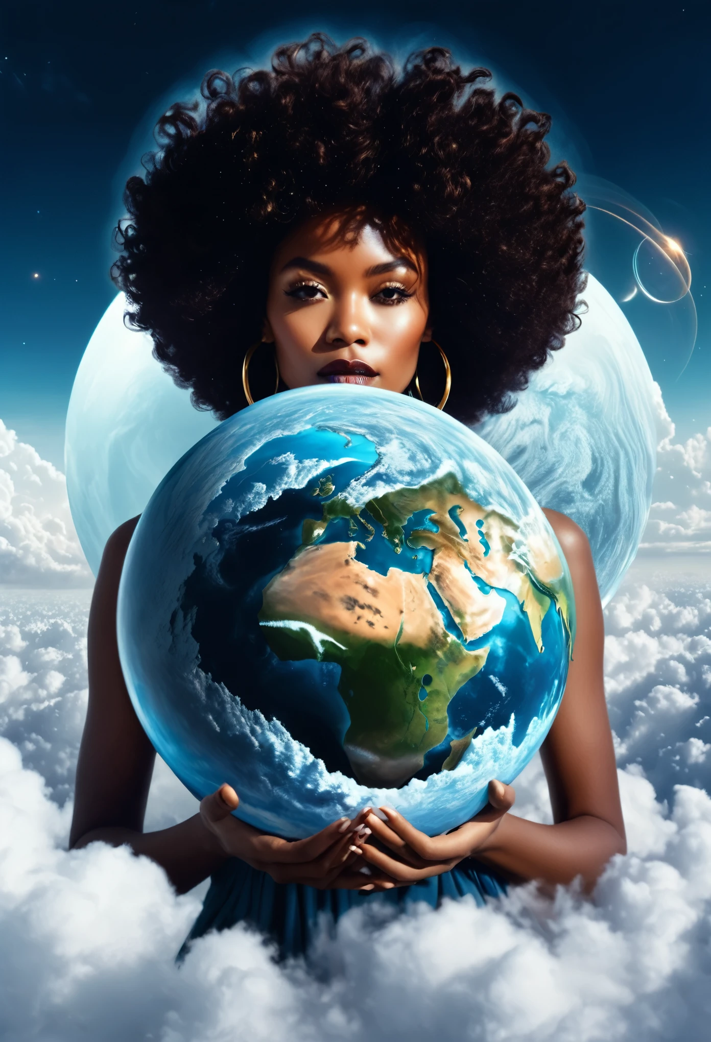 4D double exposure image 1 of black woman with afro hair on top of a planet, image 2 surrounded by clouds, digital art, inspired by Cyril Rolando, digital art, psychedelic fractals, parallax of the universe, celestial bodies, frost-style, holding the earth, whistling, Jeremiah Ketner, orbital rings, a144 x 144, color ", trio, jean, close up portrait photo by Annie Leibovitz, film, studio lighting, detailed skin, ultra realistic, bokeh, sharp features