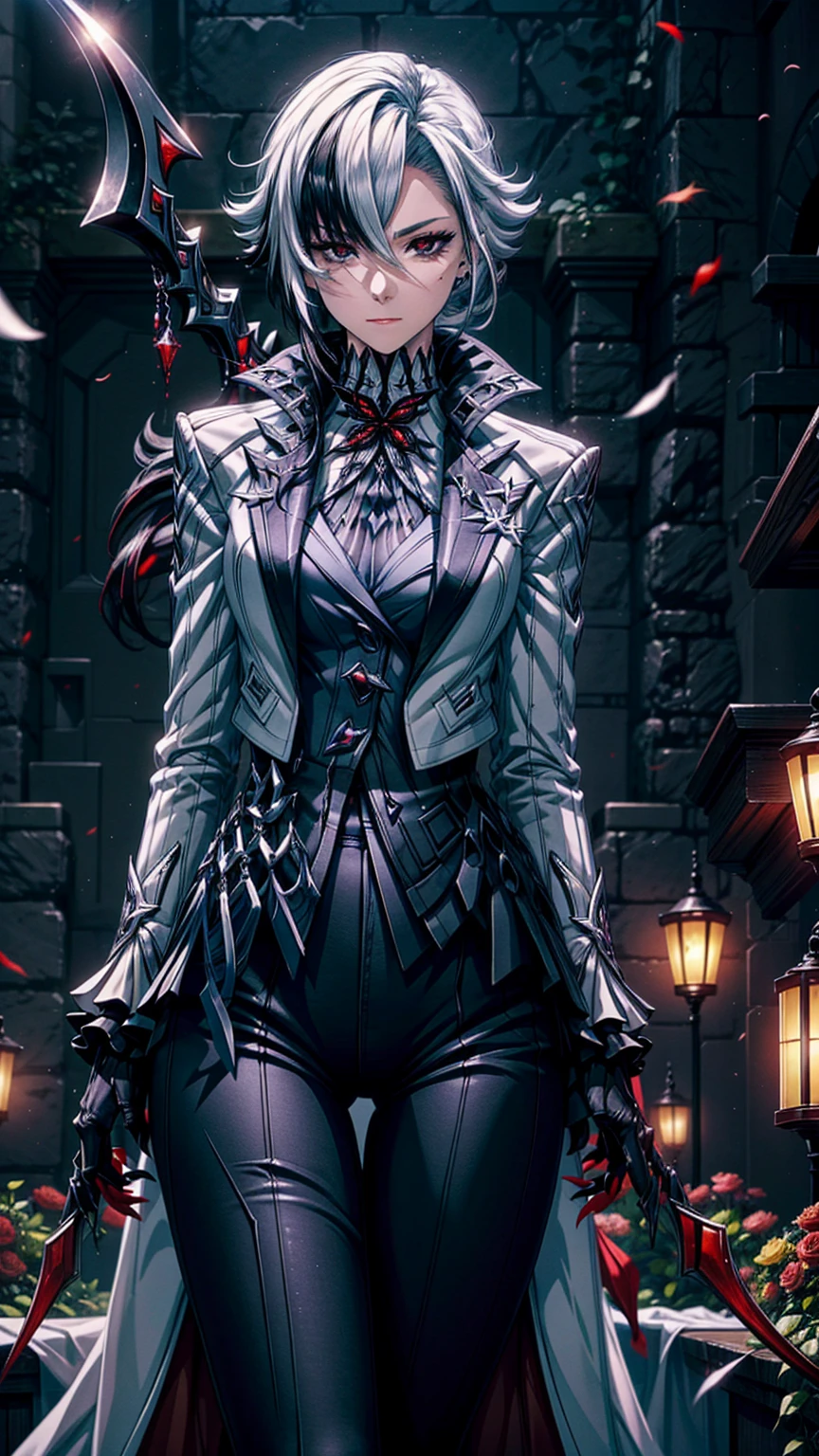 ((fantasy art)) featuring an alien girl, immersed in a heavenly symphony, clouds turn into bright splashes, flowers are scattered, like notes in the wind, visual orchestration of color and wonder"1 girl, One, White hair, black hair, multicolored hair, black eyes, x-shaped pupils, White Arles_suit , face concentrated in pants, bloody scythe behind your back, красная scythe