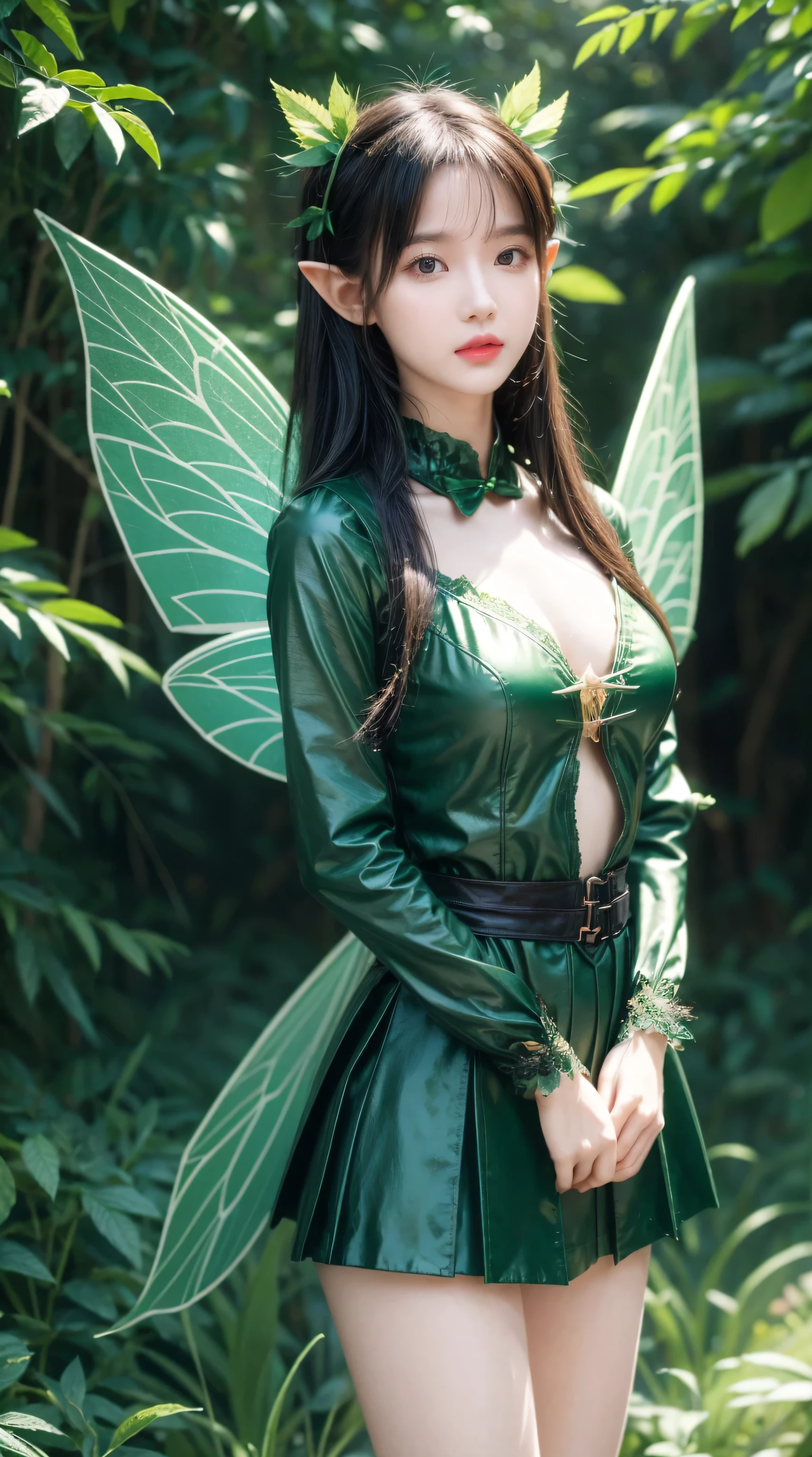 Anime girl in green and black costume on wings and green background, pixie character, fairy, forest fairy, insect trainer girl, brunette elf with fairy wings, pixie, cute 3d anime girl rendering, April rendering, fairy dance, open legs  