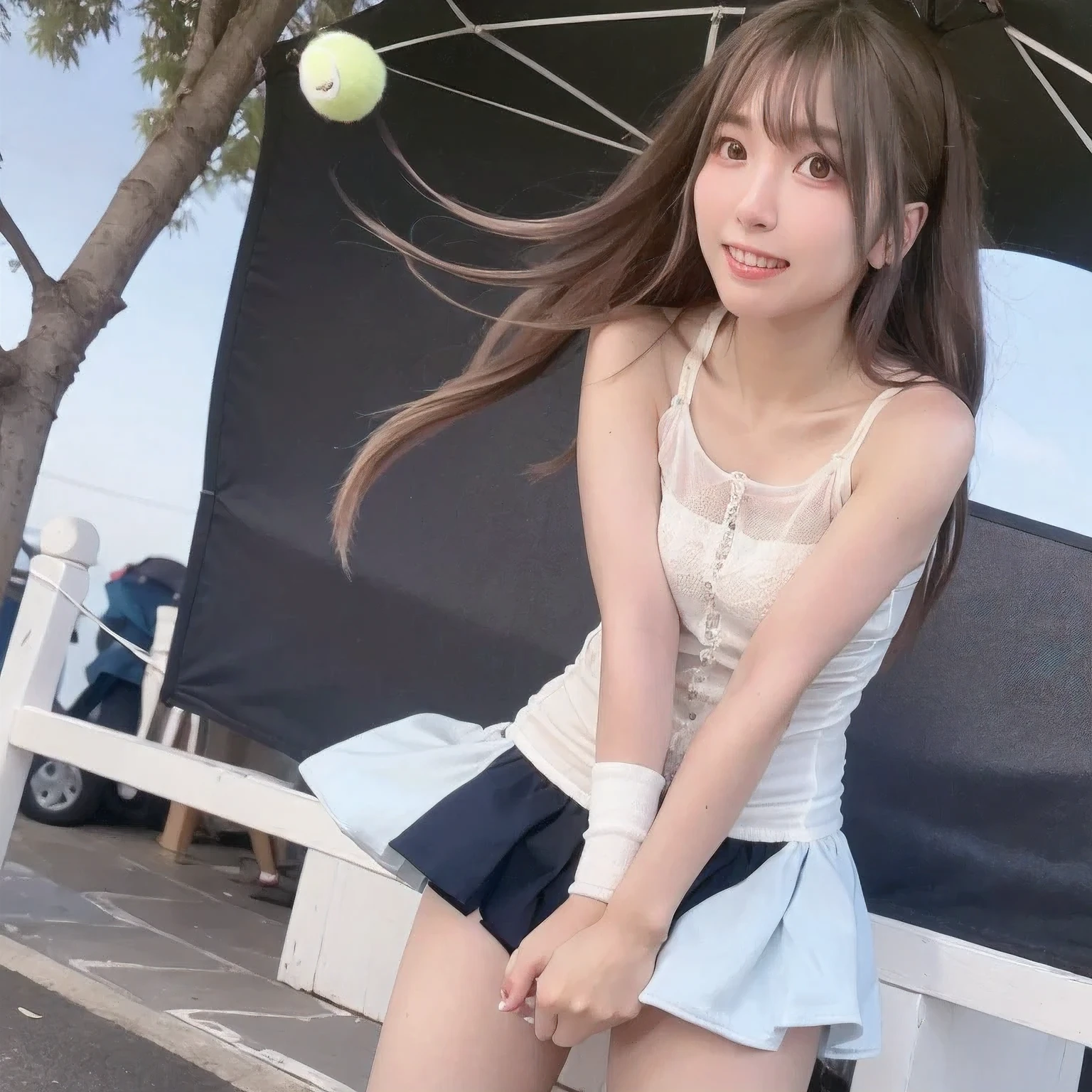 daytime, sunlight, 1 girl, 8K resolution, longhair, glowing eyes, white short skirt, Blush, sleeveless shirt, sunlight, Wet from the rain, seethrough, (((tennis dress))), pussy, (((high wind blow skirt up))), smile, (((panty))), highest quality, High resolution, highly detailed face, perfect lighting, highest detailed CG, (perfect hands, perfect anatomy), liyuu, perfect figure, in love expression, bottomless, armpit, medium breast, glitering skin, lightray, glitter skin, bright skin, full body,