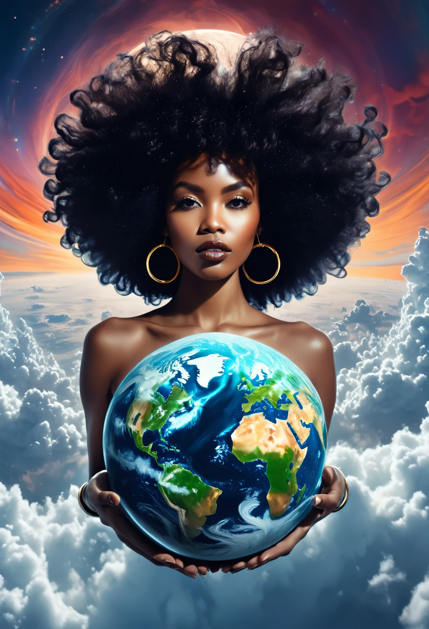 4D double exposure image 1 of black woman with afro hair on top of a planet, image 2 surrounded by clouds, digital art, inspired by Cyril Rolando, digital art, psychedelic fractals, parallax of the universe, celestial bodies, frost-style, holding the earth, whistling, Jeremiah Ketner, orbital rings, a144 x 144, color ", trio, jean, close up portrait photo by Annie Leibovitz, film, studio lighting, detailed skin, ultra realistic, bokeh, sharp features