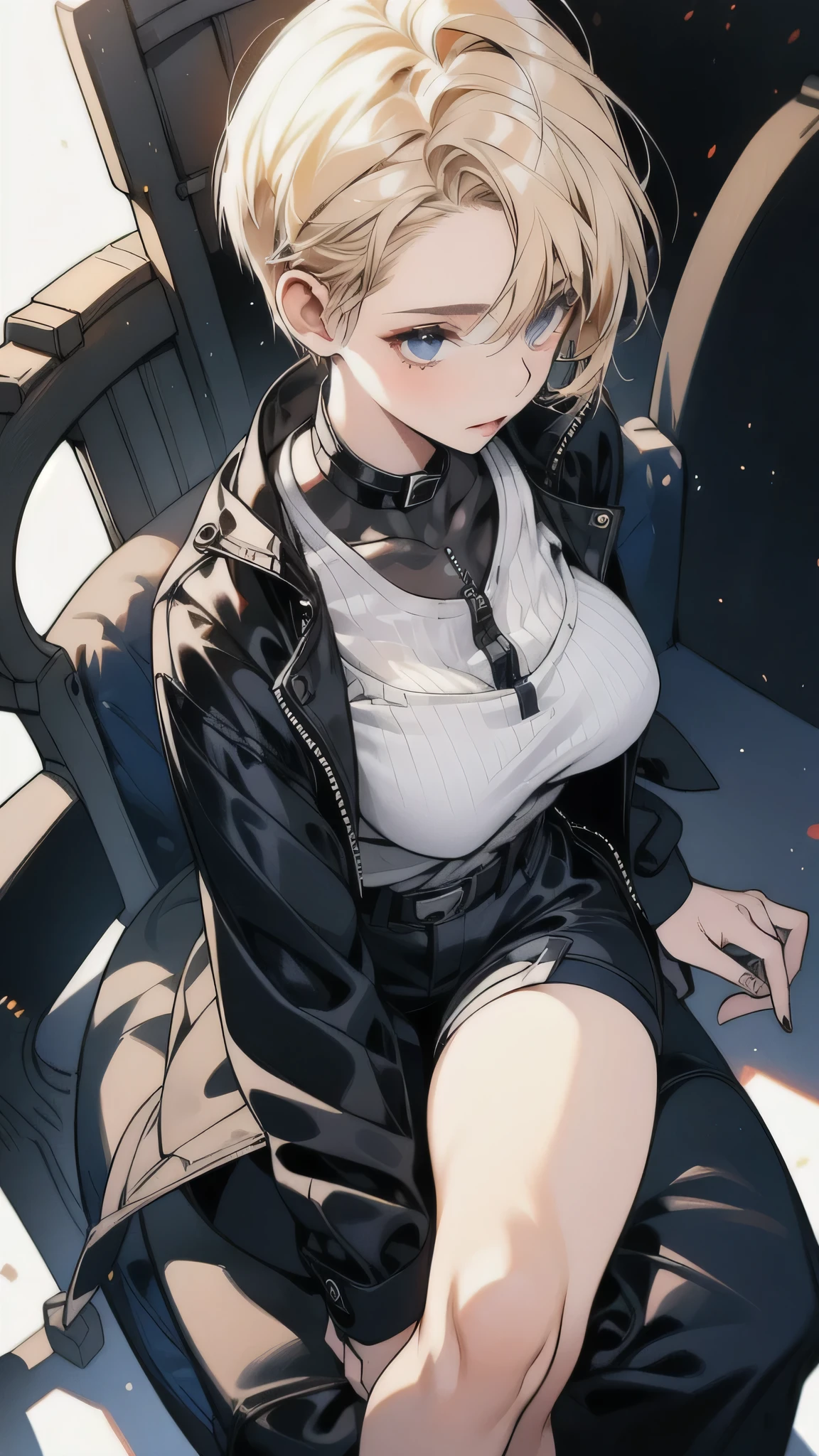 A female body defined by slender cybernetic body parts, Shorts、Blonde Short Hair、C-cup breasts with firmness、Sitting in a chair、