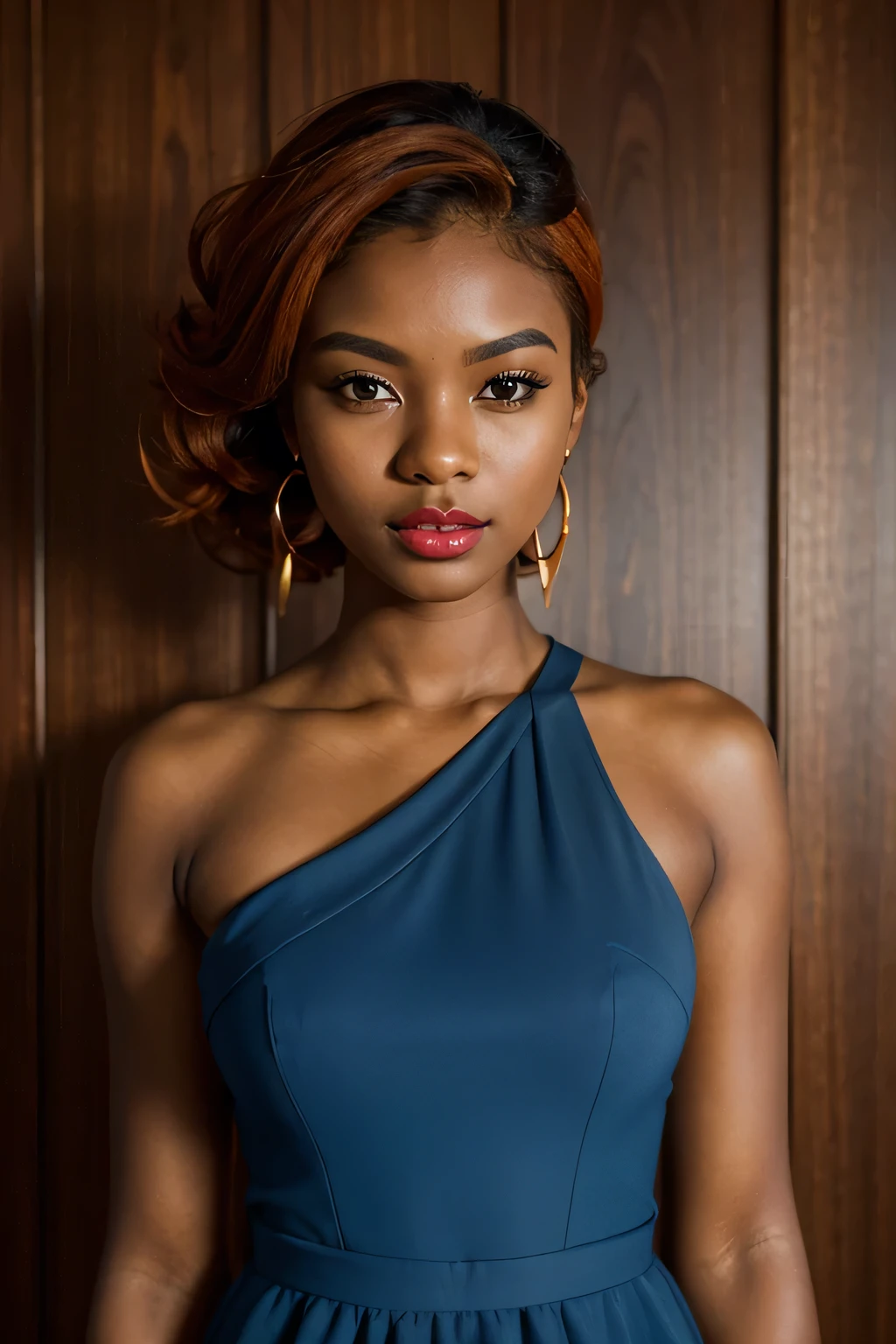 stunning close-up photorealistic portrait of a beautiful dark-skinned 21-year-old Malaysian woman with gorgeous dark-orange hair that falls down around her shoulders, she stands in front of a white wooden wainscoting paneled wall, she is dressed in a summery ice-blue gauzy deep-low-cut dress, she wears red lipstick and red earrings.