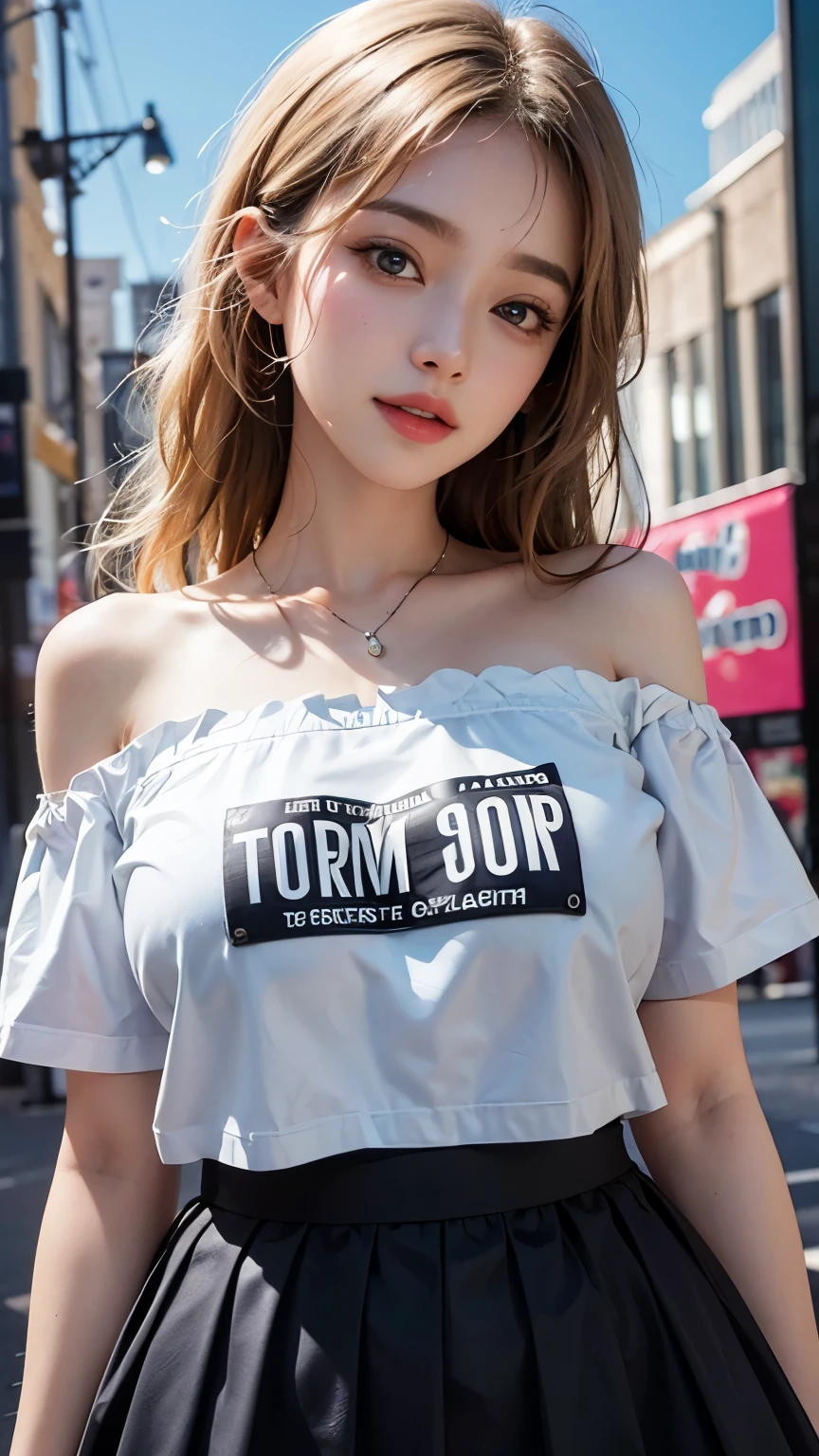((highest quality, 8k, Best image quality, Ultra-high resolution)), beauty, 18-year-old, alone, ((big: 1.6)), Nipples, Baby Face, Round face, A kind smile, White teeth, Ultra-high definition and beautiful skin, Fair skin, Silver Hair, Shortcuts, blue sky, Very detailed and beautiful face, Off-the-shoulder T-shirt、Tulle miniskirt,(head shot:1.5)