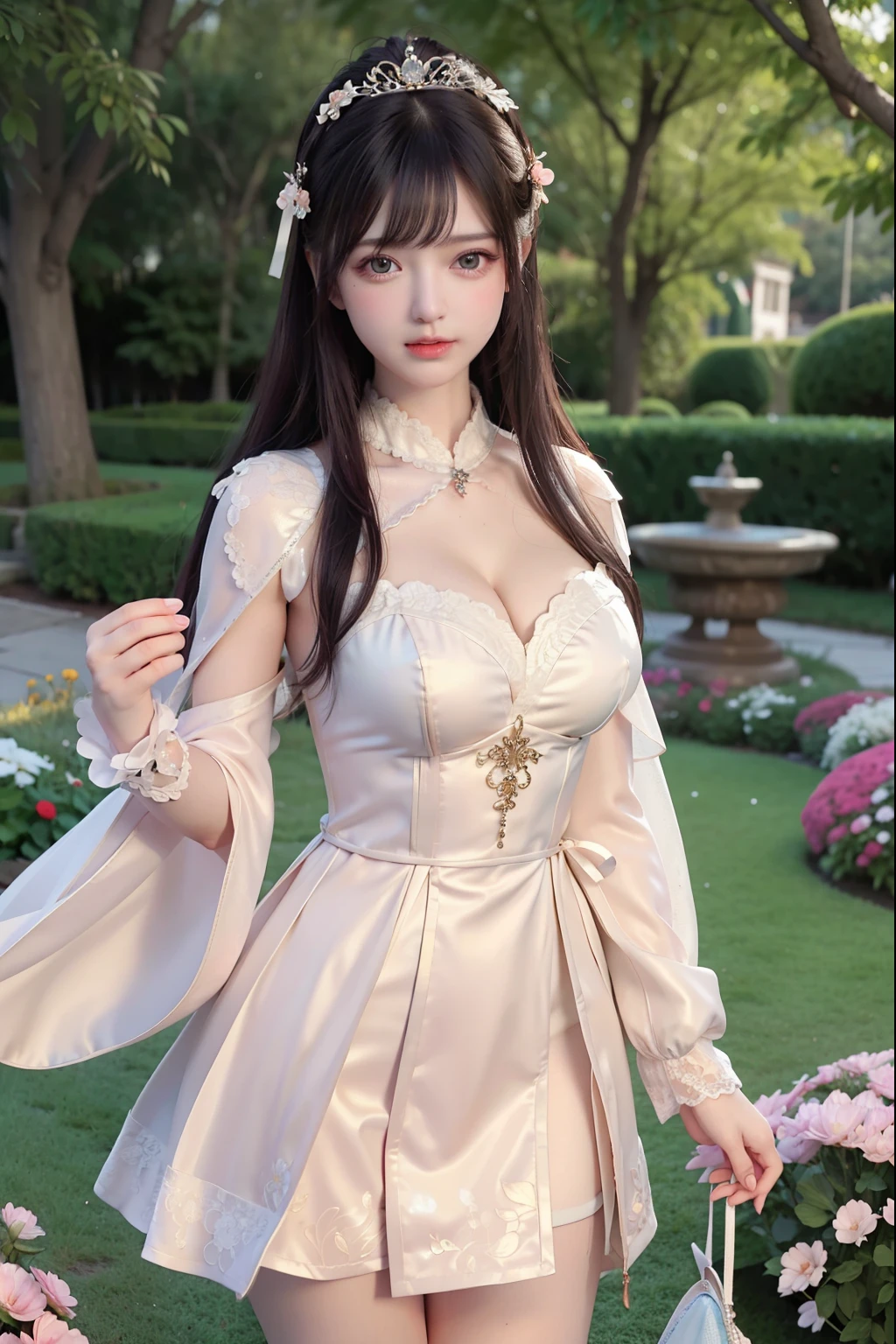 ((Masterpiece))), ((Best quality))), ((Ultra detail)), (an ultra realistic), (High Definition CG Illustration), cinematic light, Photorealistic,Very Beautiful , Light makeup, Intricate Details EABA, White Intricate Lace Cloak, Dynamic pose, Spear, a Princess 8 years old cute Hanfuopen V-chested clothes royal, All Photos, Wet body in thin silk fabric, Thin silk lace petticoat,Princess 8 years old cute, (Huge ,Cleavacoat, white pink, green ,highest quality,masterpiece,Ultra-high resolution,(realism:1.4),RAW Photos,(Real skin texture:1.3),(Film Grain:1.3),(Selfie angle),1 Giant breasts,Beautiful eyes and facial detailasterpiece,The best quality at its best,Exposing thighs and breastore exposed breasts, Detailed Hair,Looking down and towards the camera,Short Dress Princess Eyes,Super big eyes,Detailed face,Sparkling Eyes, Pink Dress (Garden,Palace of the Moon,), lace petticoat