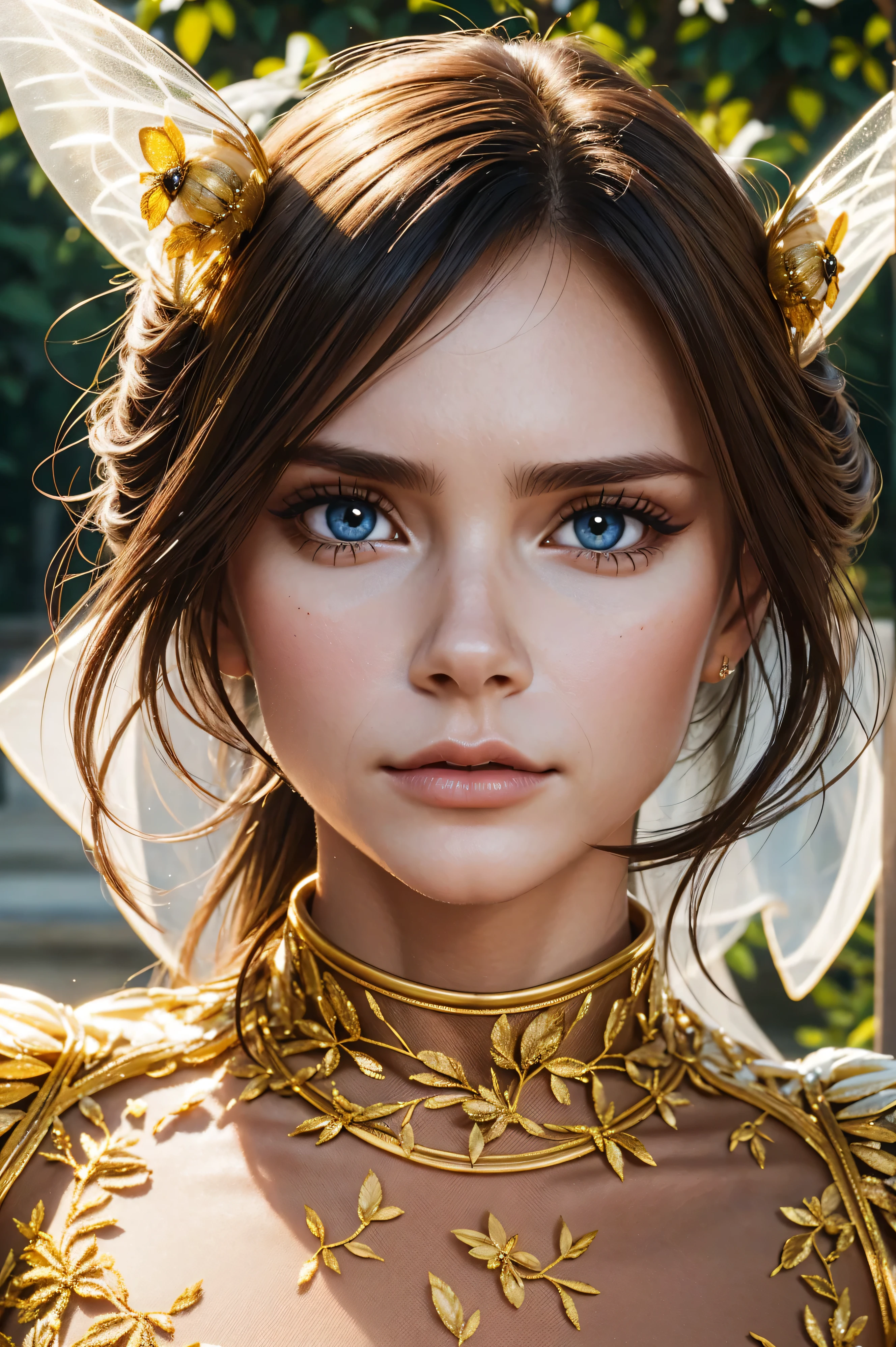 Victoria Beckham, wearing bee costume transparent. professionally retouched, soft lighting, realistic, smooth face, perfect eyes, sharp focus on eyes, 8 k, high definition, insanely detailed, intricate, elegant. against the background of the garden of Versailles.