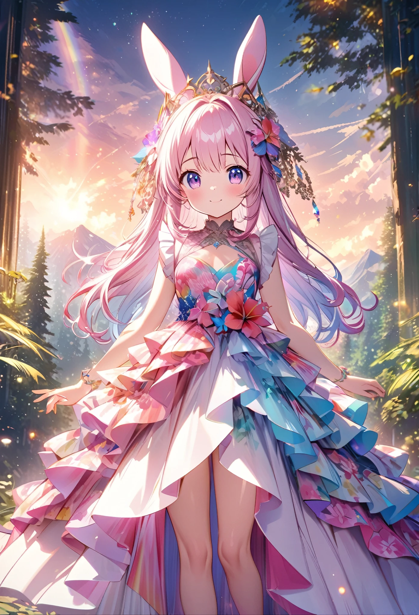 ``Japanese anime character, cute rabbit in pink color, beautiful adorable rabbit wearing an elegant and elaborate Hawaiian dress, the dress must have intricate designs and patterns to give it a luxurious and exclusive look. In the background, the image should depict the richness of the forest, with sunlight reflecting off the trees and illuminated mountains beyond. , emphasize the shimmering effect and rainbow throughout the image. Enhance your look and add special ruffles to your dress to stand out.”