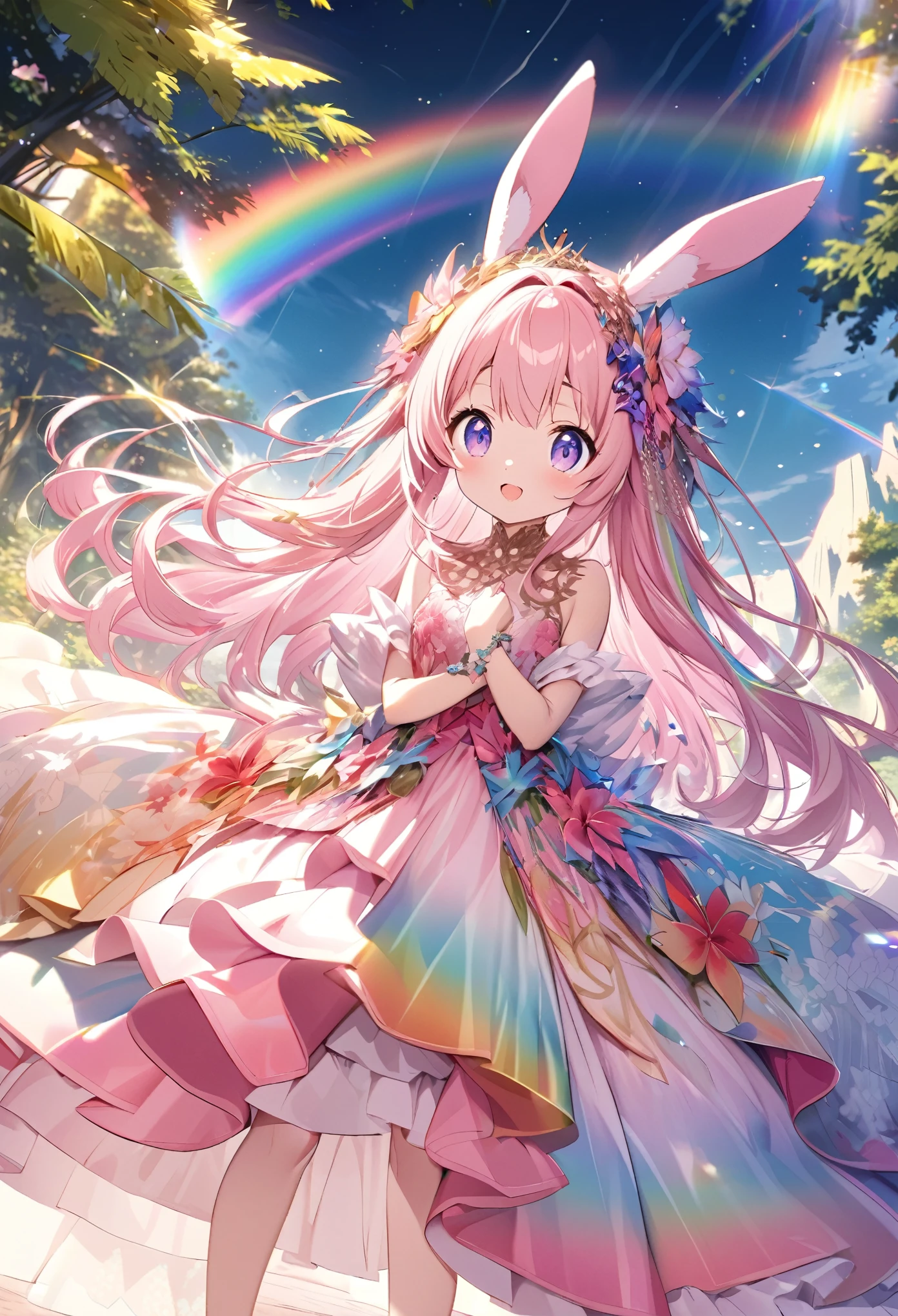 ``Japanese anime character, cute rabbit in pink color, beautiful adorable rabbit wearing an elegant and elaborate Hawaiian dress, the dress must have intricate designs and patterns to give it a luxurious and exclusive look. In the background, the image should depict the richness of the forest, with sunlight reflecting off the trees and illuminated mountains beyond. , emphasize the shimmering effect and rainbow throughout the image. Enhance your look and add special ruffles to your dress to stand out.”