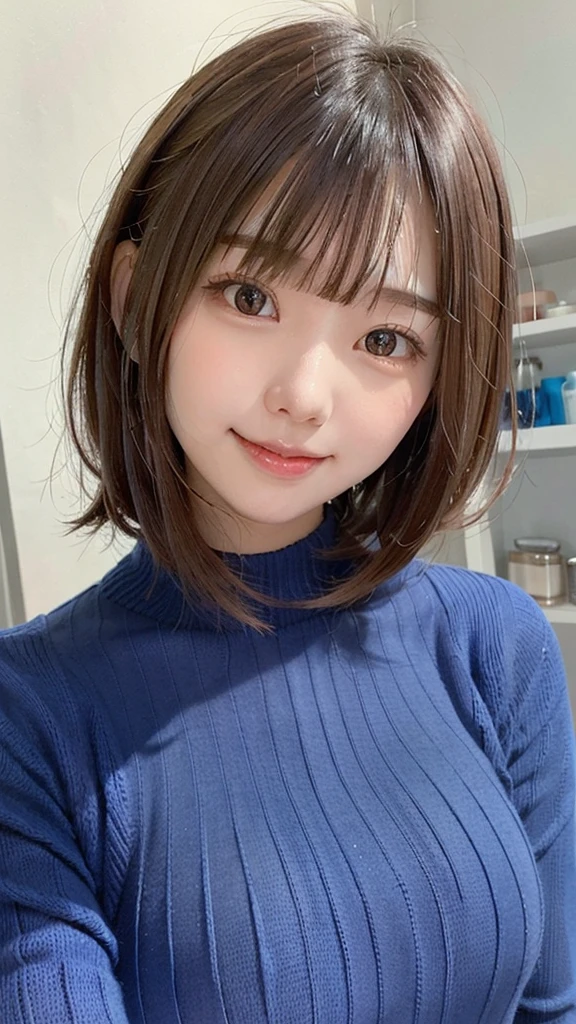 a close up of a woman in a Blue sweater posing for a picture, Blue sweater, Soft and cute colors, A slightly cute smile, Ulzzang, Gorgeous Young Japanese Woman, Young and pretty girl, Good young girl, Short hair, 8k ,Neat hairstyle with bangs