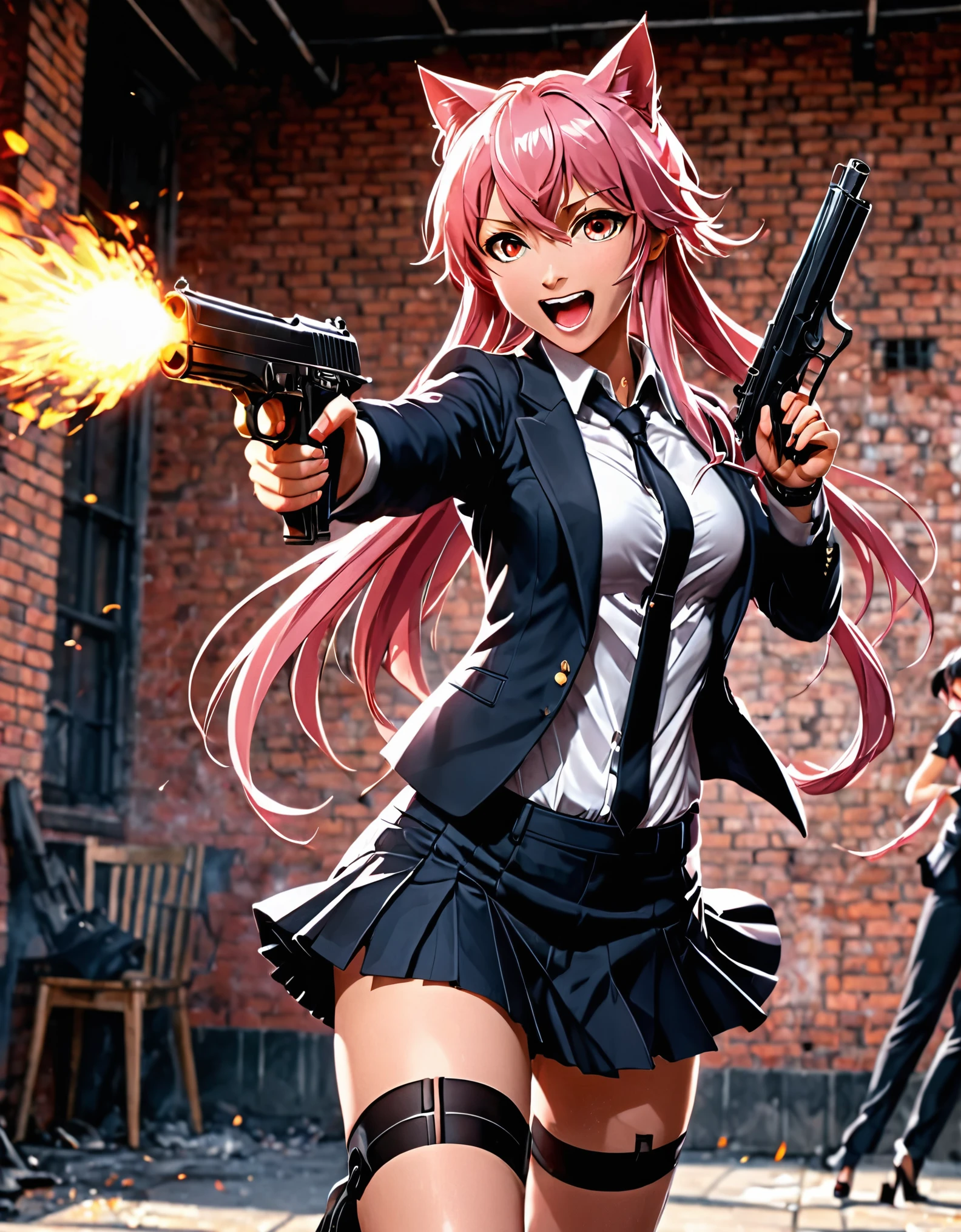 (better lighting, alto contraste, Sharp details), (a person:1.2+female) gasai_yuno,laughing,blush, gangster, Traje negro y corbata, Camisa blanca, falda negros, zapatos negros pulidos, de pie, dynamic action pose, sosteniendo dos pistolas, Beretta 92, fogonazo, casquillos de bala, humo de pistola, agujeros de bala, apuntando al espectador, pelo rosa largo, pelo rosa, cabello largo, cabello arreglado, orejas de gato, 28 years, intense action, Brooklyn, high end apartment backdrop, vivid colors, high saturation, dramatic shadows.