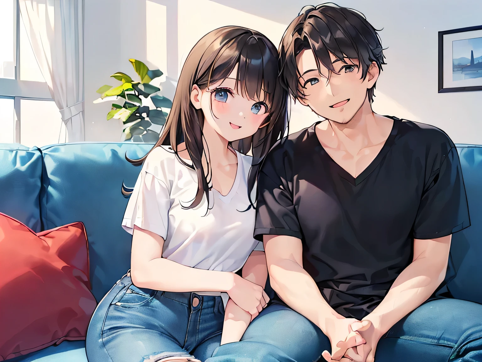 (masterpiece、highest quality、High resolution、Realistic photo、Real looking skin:1.1)、
(A happy couple is sitting on the sofa in the living room of an apartment:1.5)、
(A happy, smiling face:1.5)、
(The woman is 18 years old、She is wearing a V-neck short-sleeved knit, a mini skirt and black knee-high socks.、It's short black hair:1.8)、
(The man is 34 years old, so he looks a little old.、He is wearing a shirt and denim pants:1.7)、
(The location was the sofa in the living room of an apartment.:1.5)、
Full Body Esbian、Beautiful Eyes、Shining Eyes、Shining thighs、NSFW