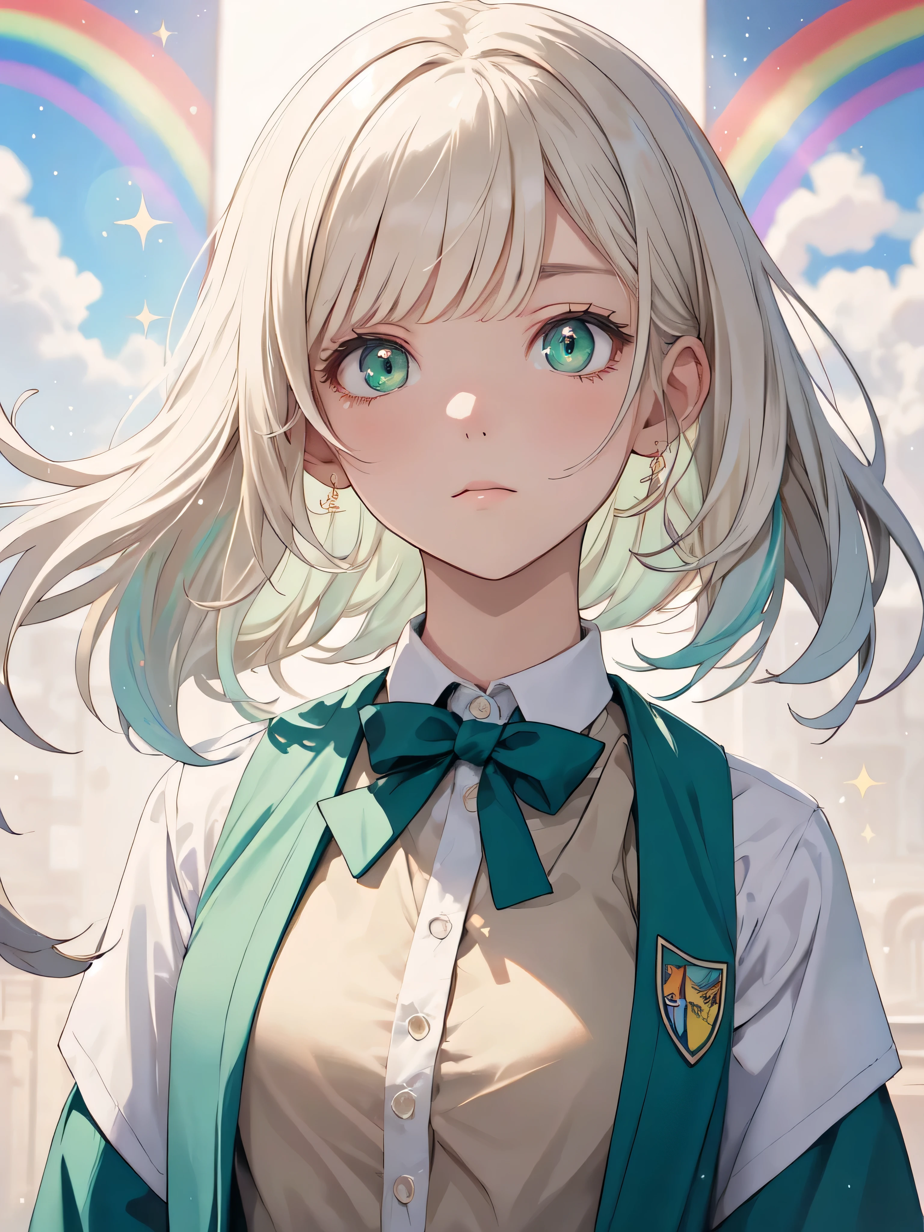 highest quality, Super quality, 16k, Incredibly absurd, Very detailed, Intellectual beauty, Blank look, Blurry appearance, A melancholic look, Ivory Medium Hair, Wearing high school summer uniform, Dull beige vest, Green Eyes, Best body shape, break , Backgrounds Sparkling rainbow pastels and vibrant colors、A variety of visual styles combining different artistic elements