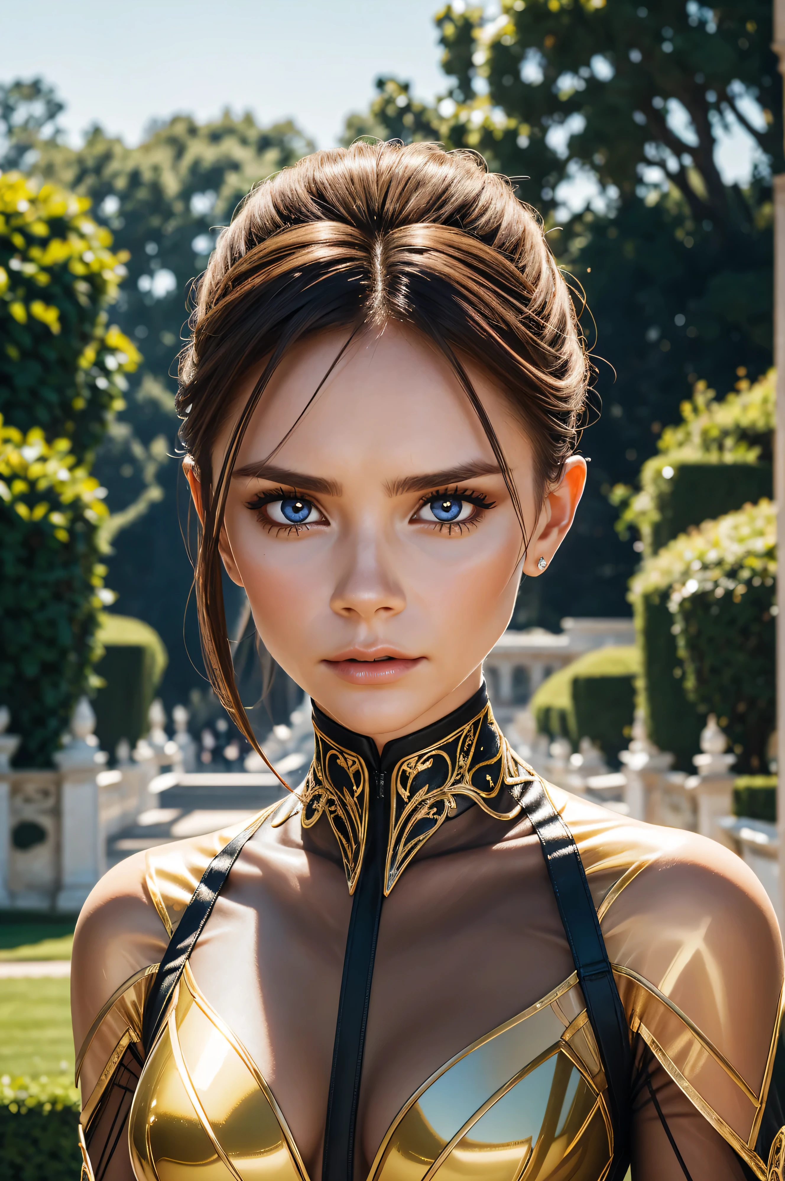 Victoria Beckham, wearing wasp costume transparent. professionally retouched, soft lighting, realistic, smooth face, perfect eyes, sharp focus on eyes, 8 k, high definition, insanely detailed, intricate, elegant. against the background of the garden of Versailles.