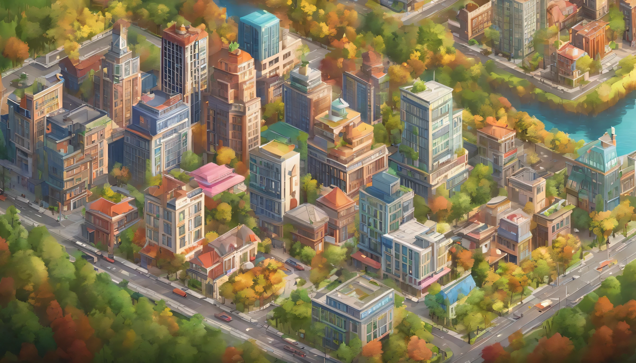 Dystopian city with dirty and deserted streets. Ultra hd, hiper detalhado 4k,((best quality)), ((masterpiece)), (detailed), Welcome to the vibrant world of our town map isometric view game! Picture a bustling urban landscape seamlessly interwoven with pockets of lush greenery and serene natural beauty. Your task is to explore this dynamic town, navigating its winding streets lined with eclectic shops, cozy cafes, and bustling markets. But amidst the urban hustle and bustle, don't forget to venture into the tranquil parks, scenic riversides, and wooded trails that offer a refreshing escape into nature's embrace. Describe the sights and sounds of this unique town, from the skyscrapers towering against the skyline to the gentle rustle of leaves in the nearby forests. As you uncover the secrets of each district, immerse yourself in the rich tapestry of urban and natural elements that define this captivating setting.