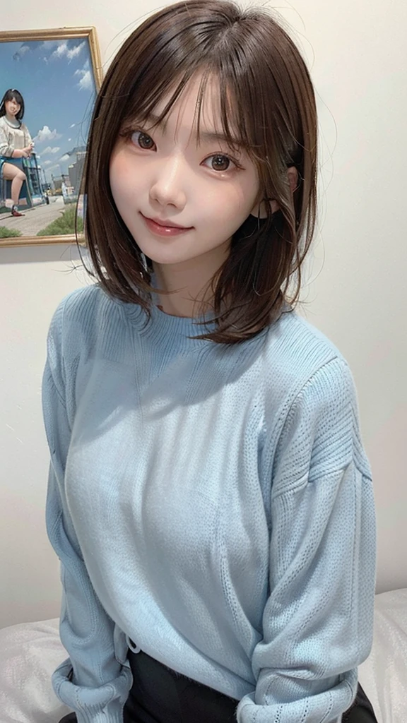 a close up of a woman in a Blue sweater posing for a picture, Paintings inspired by Kim Jung Hee, tumbler, realism, Blue sweater, Soft and cute colors, A slightly cute smile, Ulzzang, Gorgeous Young Korean Woman, Young and pretty girl, Good young girl, Jaeyoung Nam, Short hair, 8k --height 768