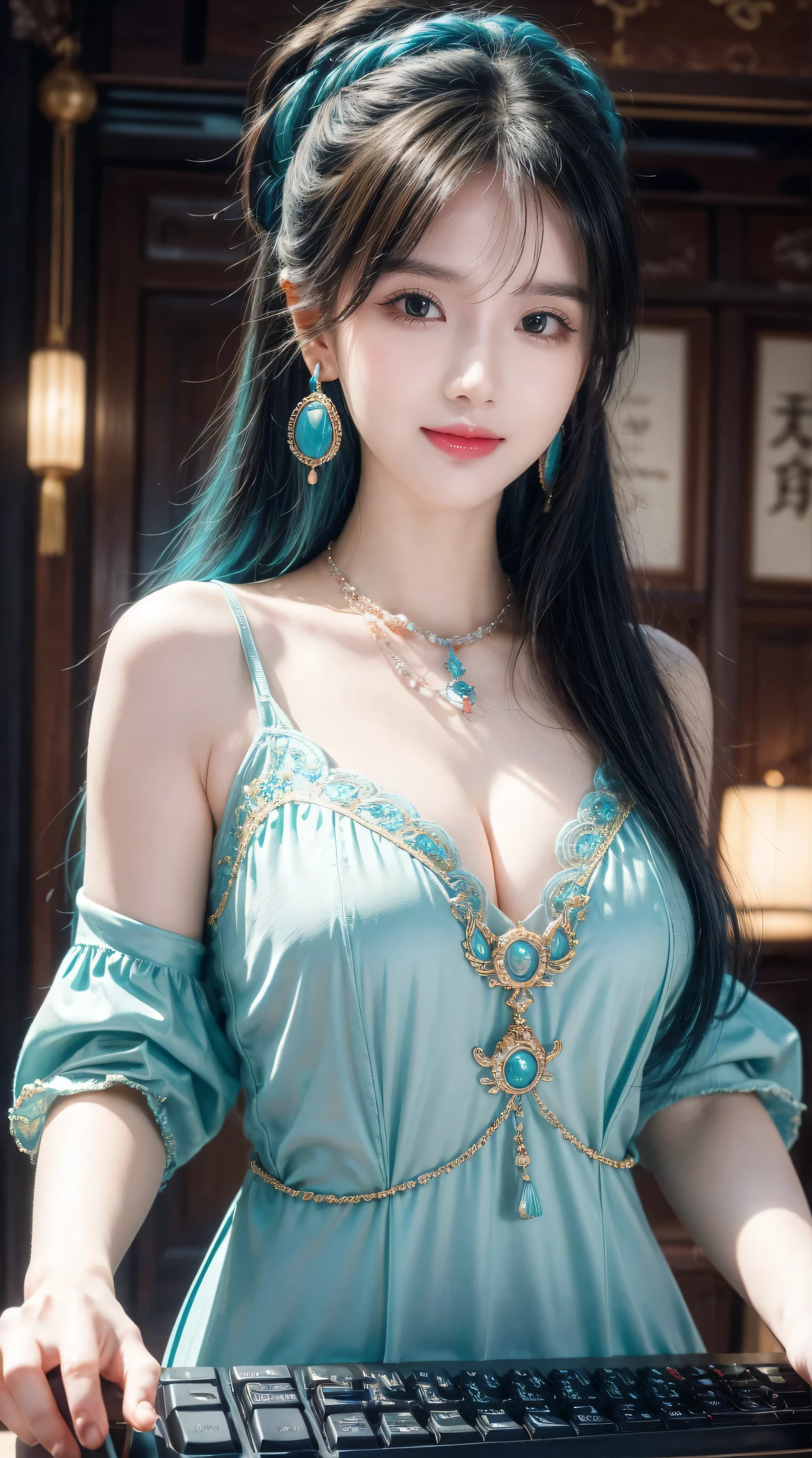 masterpiece, best quality, Super detailed, illustration,(1 Girl),Beautiful and delicate eyes, Looking at the audience, (holding computer keyboard), Happy, (turquoise hair:1), (blue round eyes:1), (round earrings), (Turquoise Large Gemstone Necklace), Cute round face, Long hair, Smile, fantasy chinese server