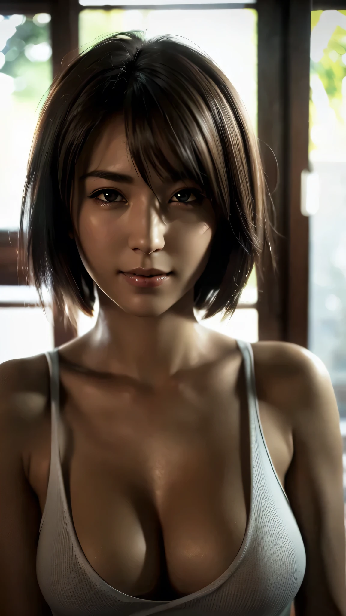 Top quality, ultra high resolution, (photorealistic: 1.4), beautiful eyes, super beautiful, short hair, beautiful breasts, lover, t-shirt with rough chest, eyes inviting viewer, lover's eyes, inviting facial expressions, sexy smile, perfect style, perfect balance, detailed skin, naughty eyes, chest visible