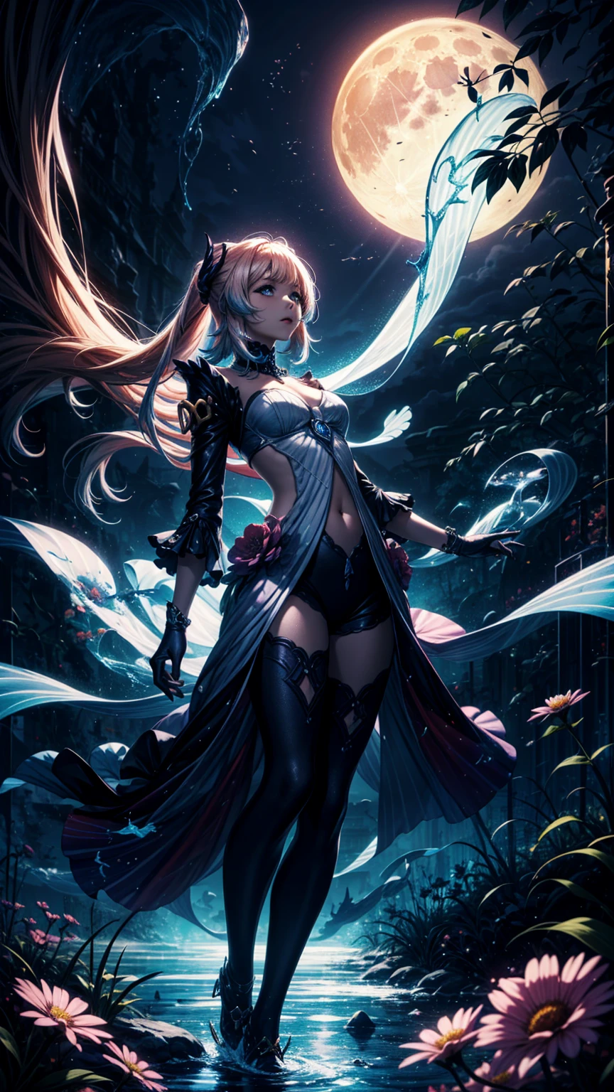 "((fantasy art)) featuring an alien girl, immersed in a heavenly symphony, clouds turn into bright splashes, flowers are scattered, like notes in the wind, visual orchestration of color and wonder" night , full moon