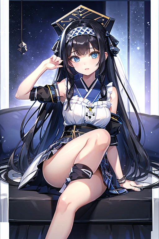 (8k, highest quality, Tabletop:1.2)、Ultra-high resolution、One 14-year-old girl, Detailed face、deep, Beautiful Eyes, blue eyes, Black plaid skirt, Black Hair, Long Straight Hair, Headband on head, White panties, Japanese-style room, On the cushion, Sit with one leg up