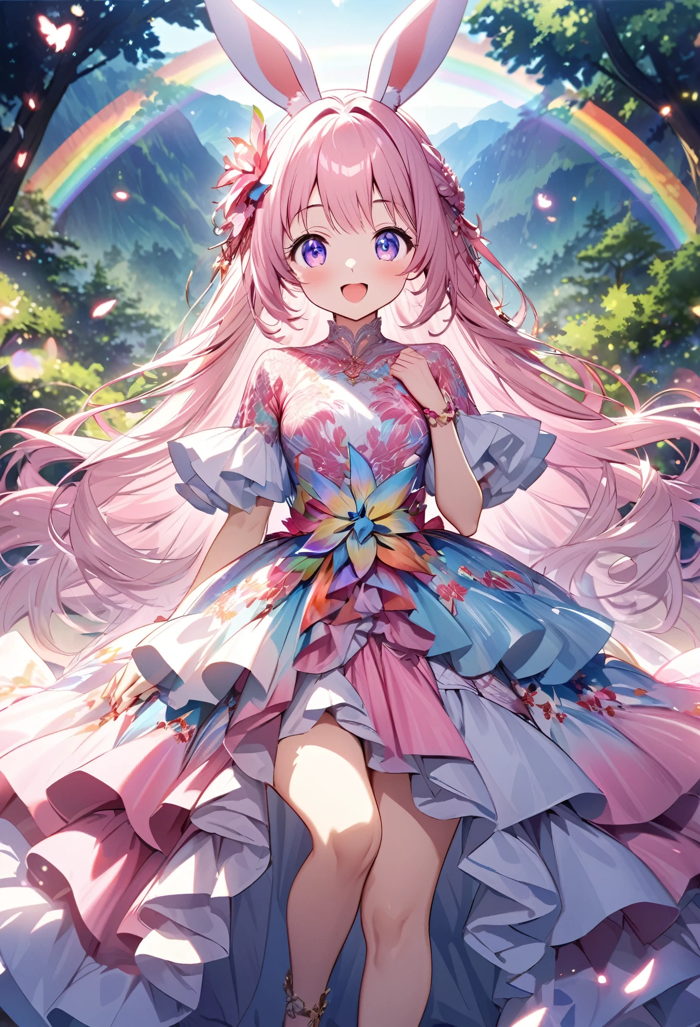 ``Japanese anime character, cute rabbit in pink color, beautiful adorable rabbit wearing an elegant and elaborate Hawaiian dress, the dress must have intricate designs and patterns to give it a luxurious and exclusive look. In the background, the image should depict the richness of the forest, with sunlight reflecting off the trees and illuminated mountains beyond. , emphasize the shimmering effect and rainbow throughout the image. Enhance your look and add special ruffles to your dress to stand out.”