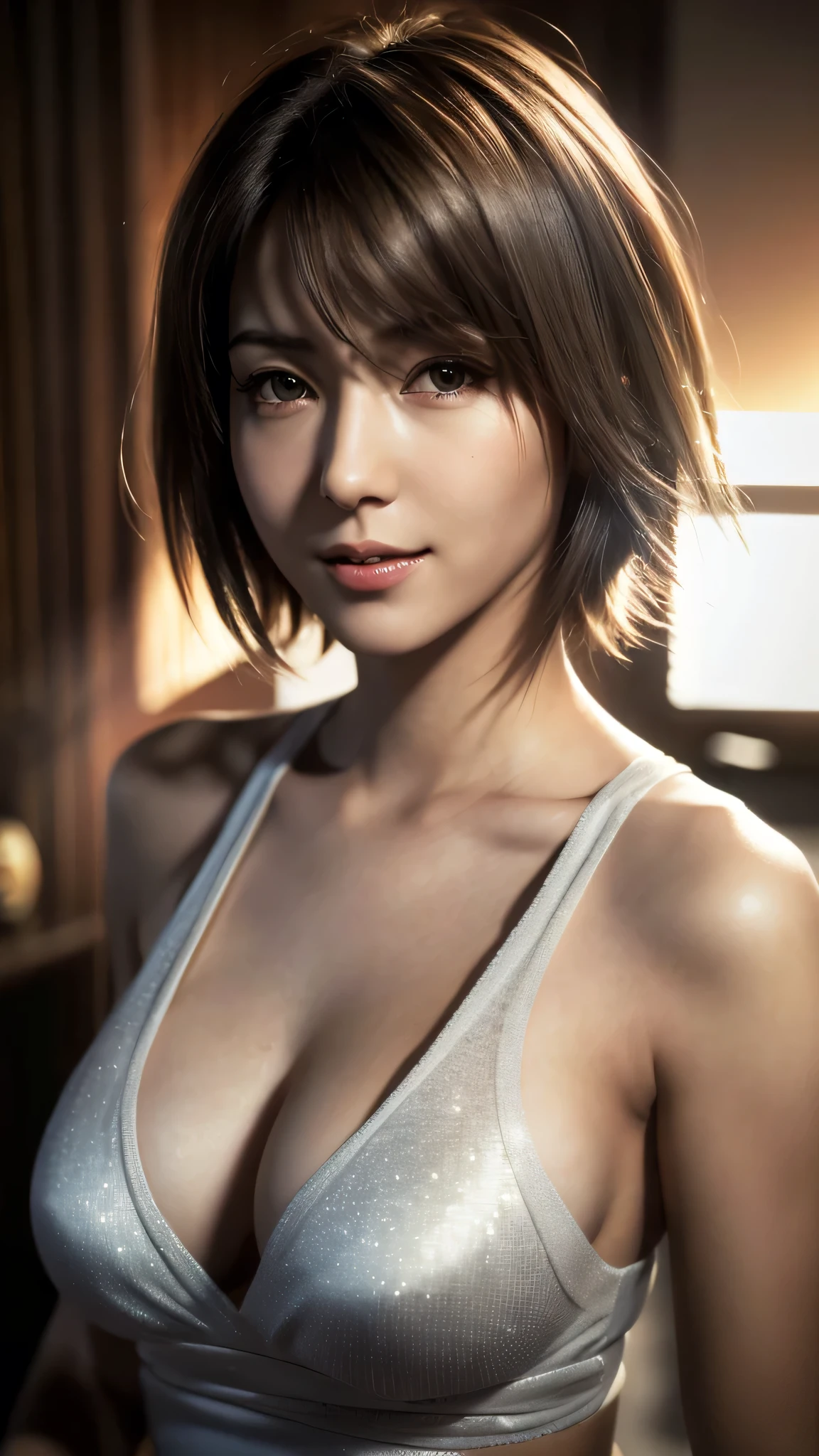 Top quality, ultra high resolution, (photorealistic: 1.4), beautiful eyes, super beautiful, short hair, beautiful breasts, lover, t-shirt with rough chest, eyes inviting viewer, lover's eyes, inviting facial expressions, sexy smile, perfect style, perfect balance, detailed skin, naughty eyes, chest visible