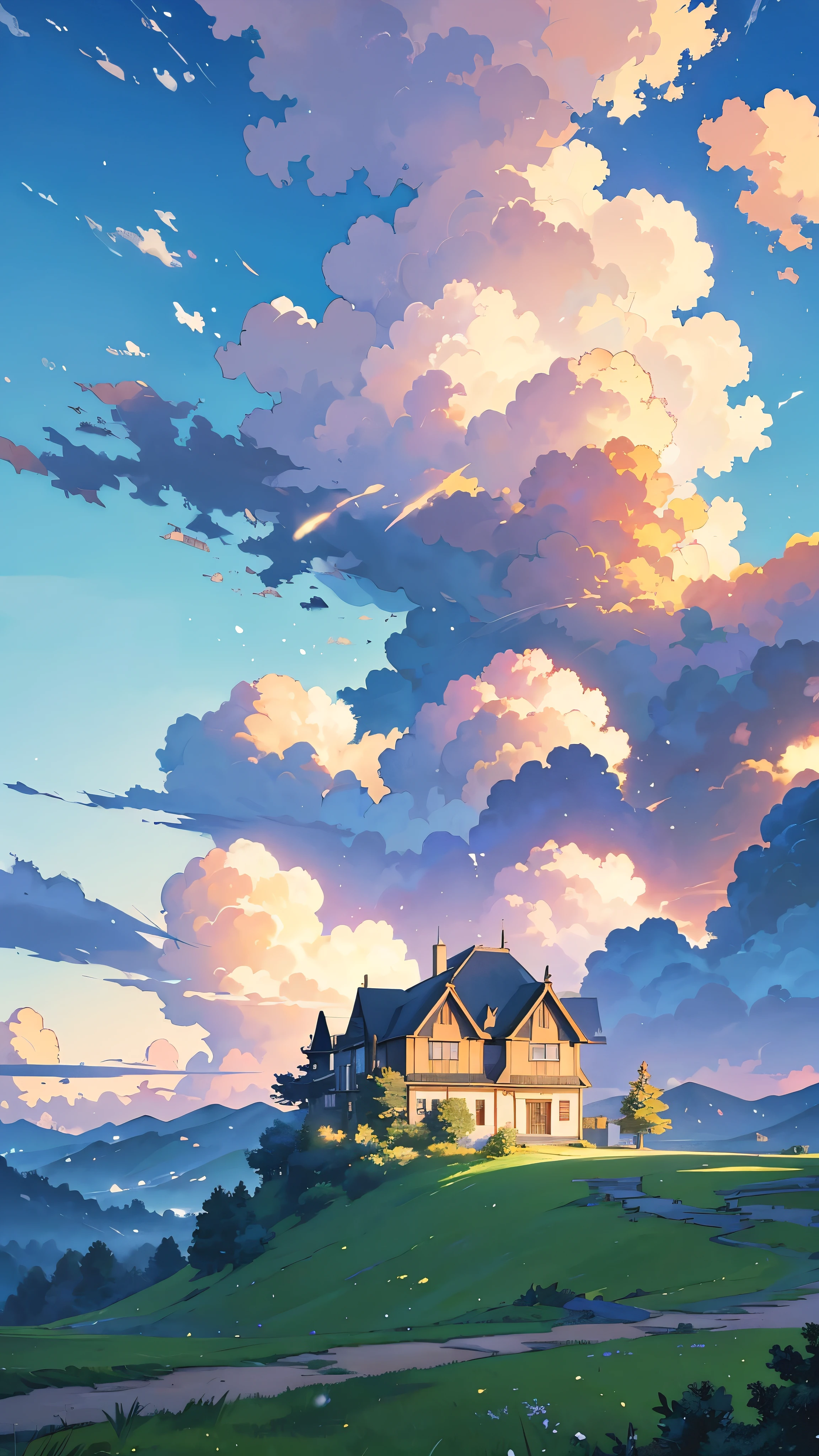 anime landscape with a house and a tree in the middle, anime countryside landscape, anime landscape wallpaper, beautifull puffy clouds. anime, anime landscape, hd wallpaper, beautiful anime scenery, anime clouds, beautiful anime scene, anime scenery, studio ghibli sky, makoto shinkai cyril rolando, high quality desktop wallpaper, anime beautiful peace scene, rhads!!!