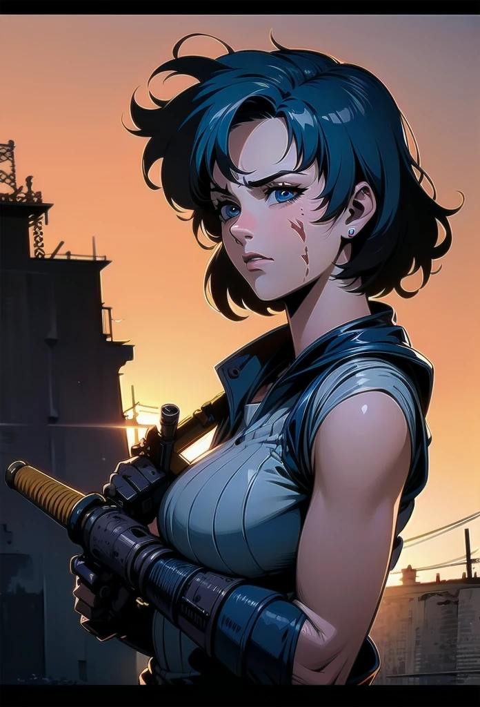 (best quality,4k,8k,highres,masterpiece:1.2),ultra-detailed,(realistic,photorealistic,photo-realistic:1.37),Ami Mizuno as a Mad Max survivor in the Westland,deserted post-apocalyptic world,dusty landscape,harsh sunlight,burning orange sky,gritty and distressed,ripped and tattered clothing,utility belt with survival tools,protective goggles covered with dust,Ami's bright blue hair flowing in the wind,determined and fierce expression,holding a modified high-tech weapon,scanning the horizon for danger,thick layers of dirt and grime on her face and hands,imposing scar across her cheek,distant ruins of a futuristic city in the background,Ami's transformation into a hardened warrior,blending her intelligence and strength,creating an iconic and empowering image,combining anime style with the gritty aesthetics of Mad Max.