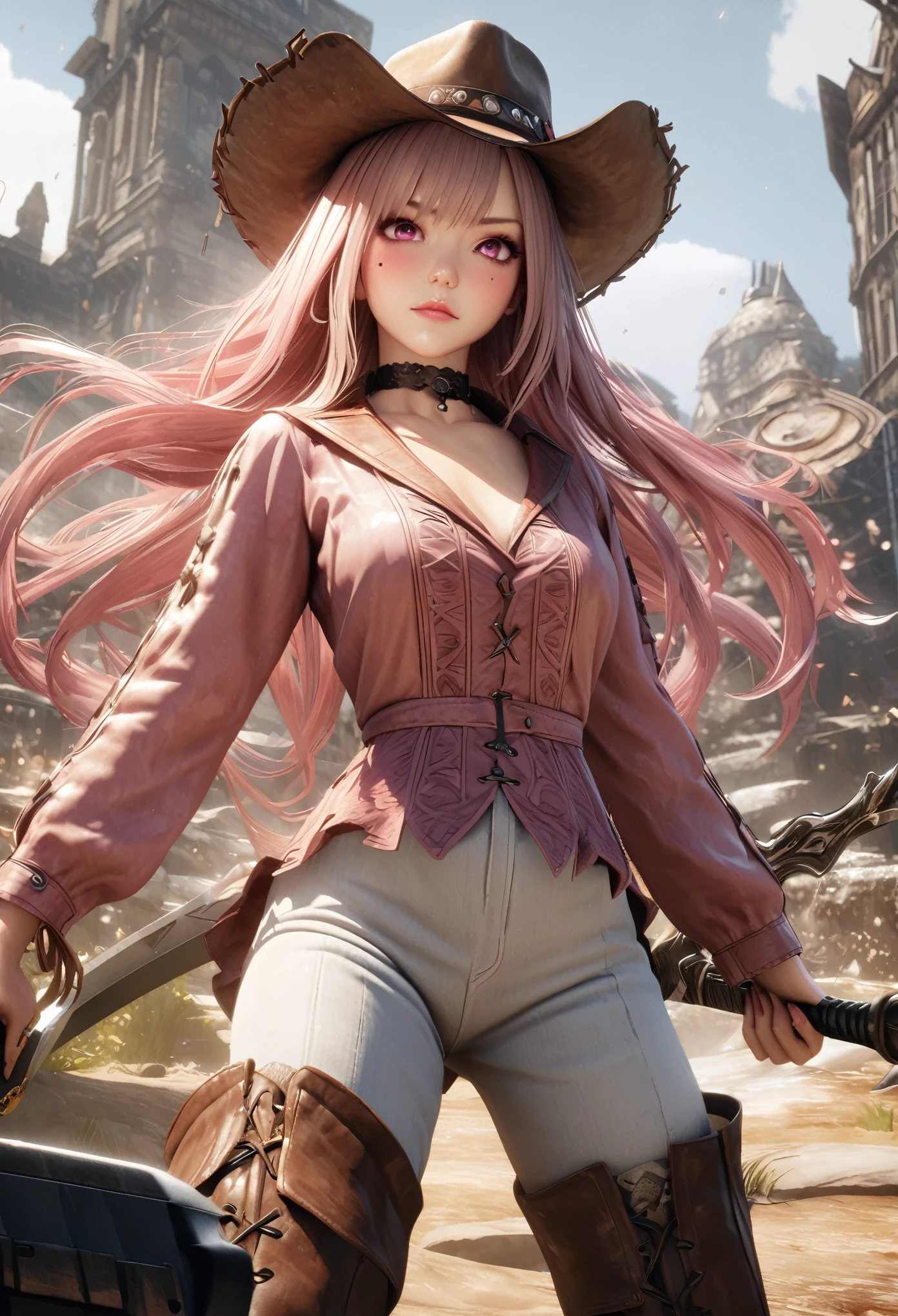 masterpiece,highest quality, Very detailed, High resolution, expensive resolution, High resolution, 4K, 8k, unity 8k wallpaper, Very detailed CG, masterpiece, Realistic, 2D, 3D, Beautiful details, depth, Fine texture , Super quality: 1.3, Fully focused, Crispy.skin, .he,
Very cute anime girl 、Cowboy Styleの衣装、Cowboy hat、Cowboy boots テキカン 荒野、Pink semi-long hair wearing expensive , One Girl、alone, Pink semi-long hair, Cowboy Style、Cowboy hat、Long sword、duel、Cowboy boots、computer、disk、Mole under the eye, looking at the viewer , expensive , blush, Mole, Lips parted, hair ornaments, heart, Pink Eyes, choker